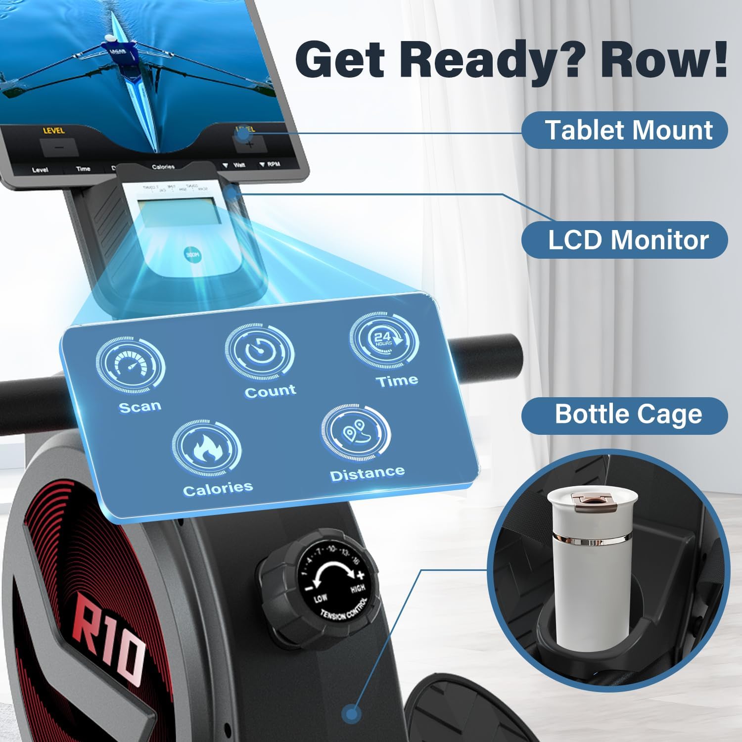 SNODE Magnetic/Water Rowing Machine for Home Use, Rower Machine with LCD Monitor, Ergonomic Seat, Dual Rail