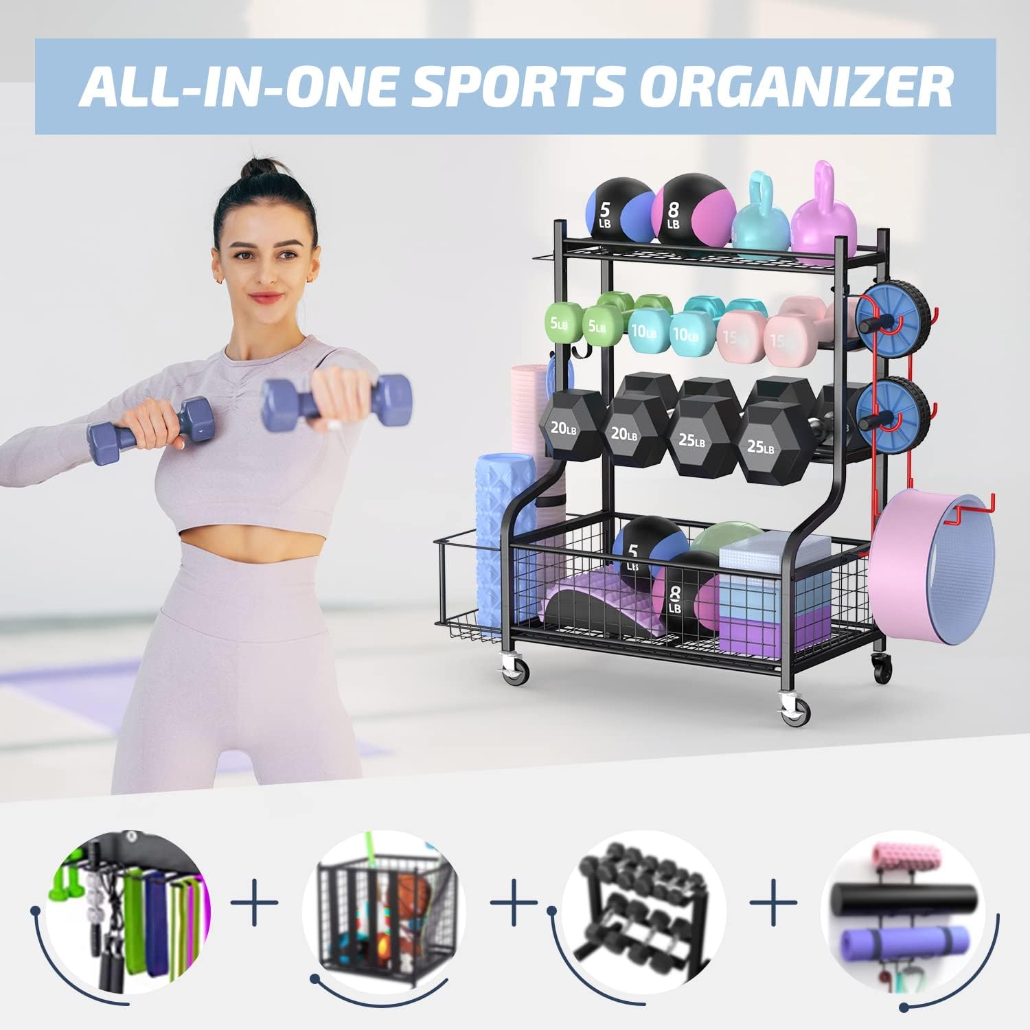 PLKOW Dumbbell Rack, Weight Rack for Dumbbells, Home Gym Storage for Dumbbells Kettlebells Yoga Mat and Balls, All in One Workout Storage with Wheels and Hooks, Powder Coated Finish Steel