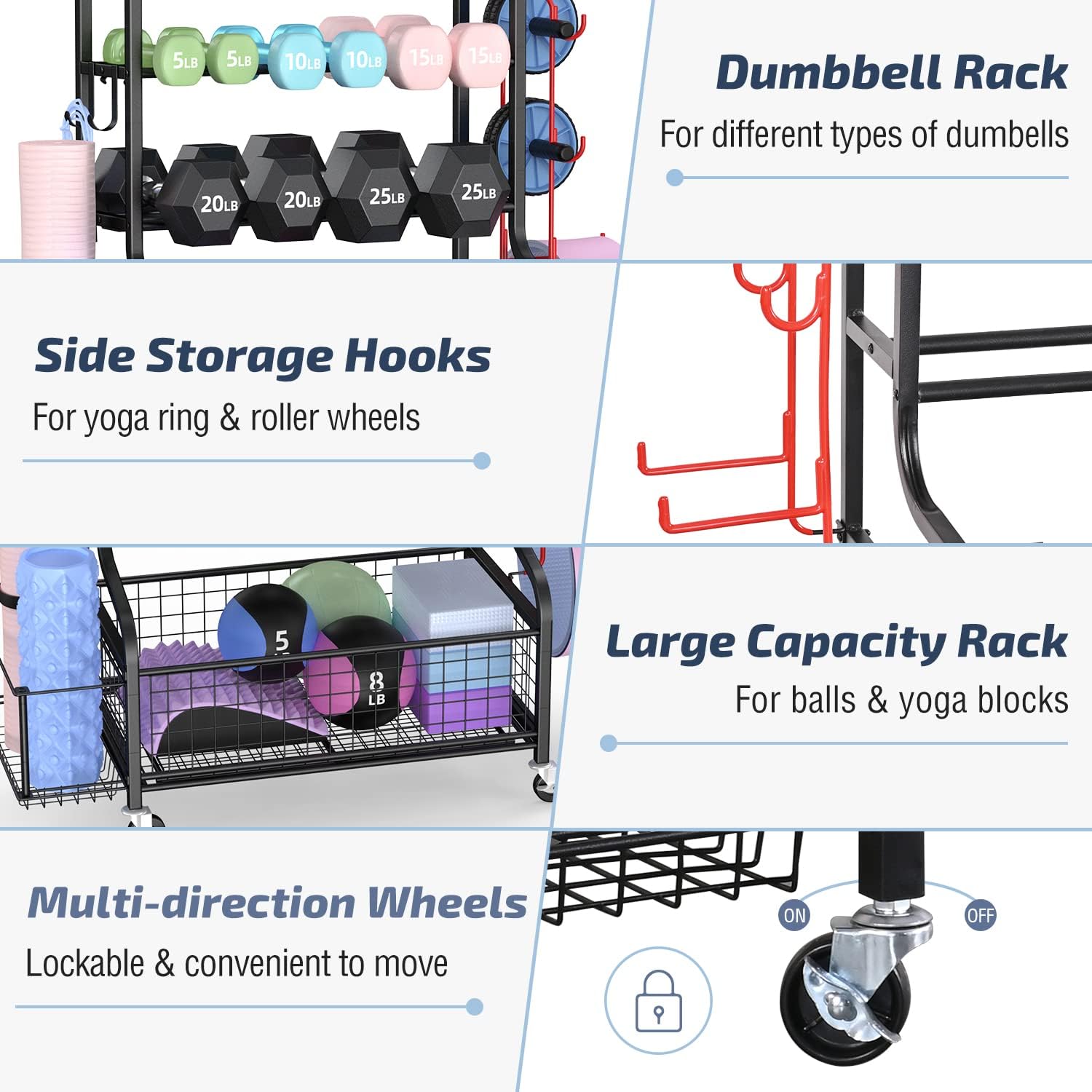 PLKOW Dumbbell Rack, Weight Rack for Dumbbells, Home Gym Storage for Dumbbells Kettlebells Yoga Mat and Balls, All in One Workout Storage with Wheels and Hooks, Powder Coated Finish Steel