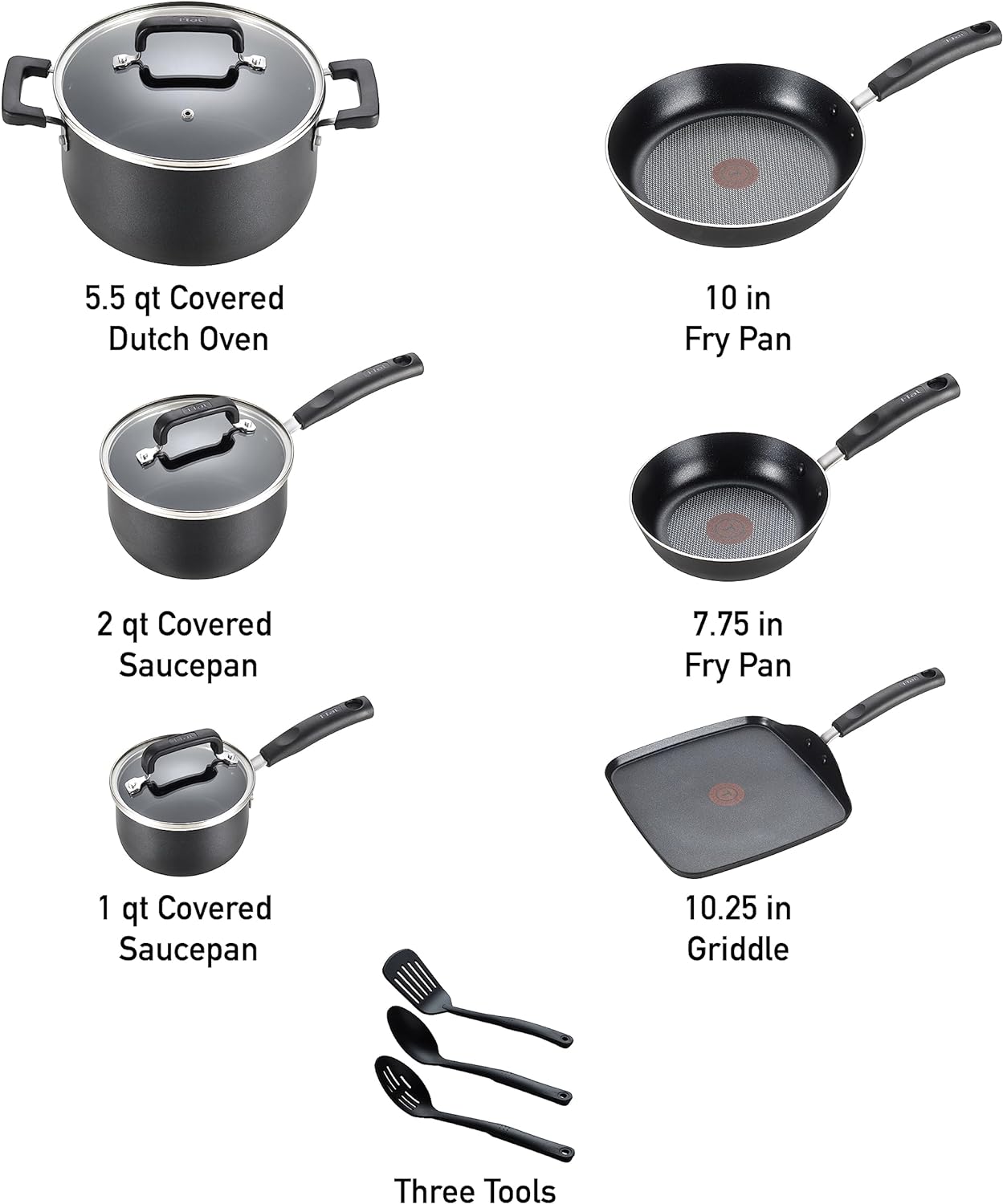 T-fal Signature Nonstick Cookware Set 12 Piece, Oven Broiler Safe 350F, Pots and Pans, Kitchen Cooking Set w/ Fry Pans, Saucepans, Saute Pan, Dutch Oven, Griddle, Kitchen, Home, Dishwasher Safe, Black