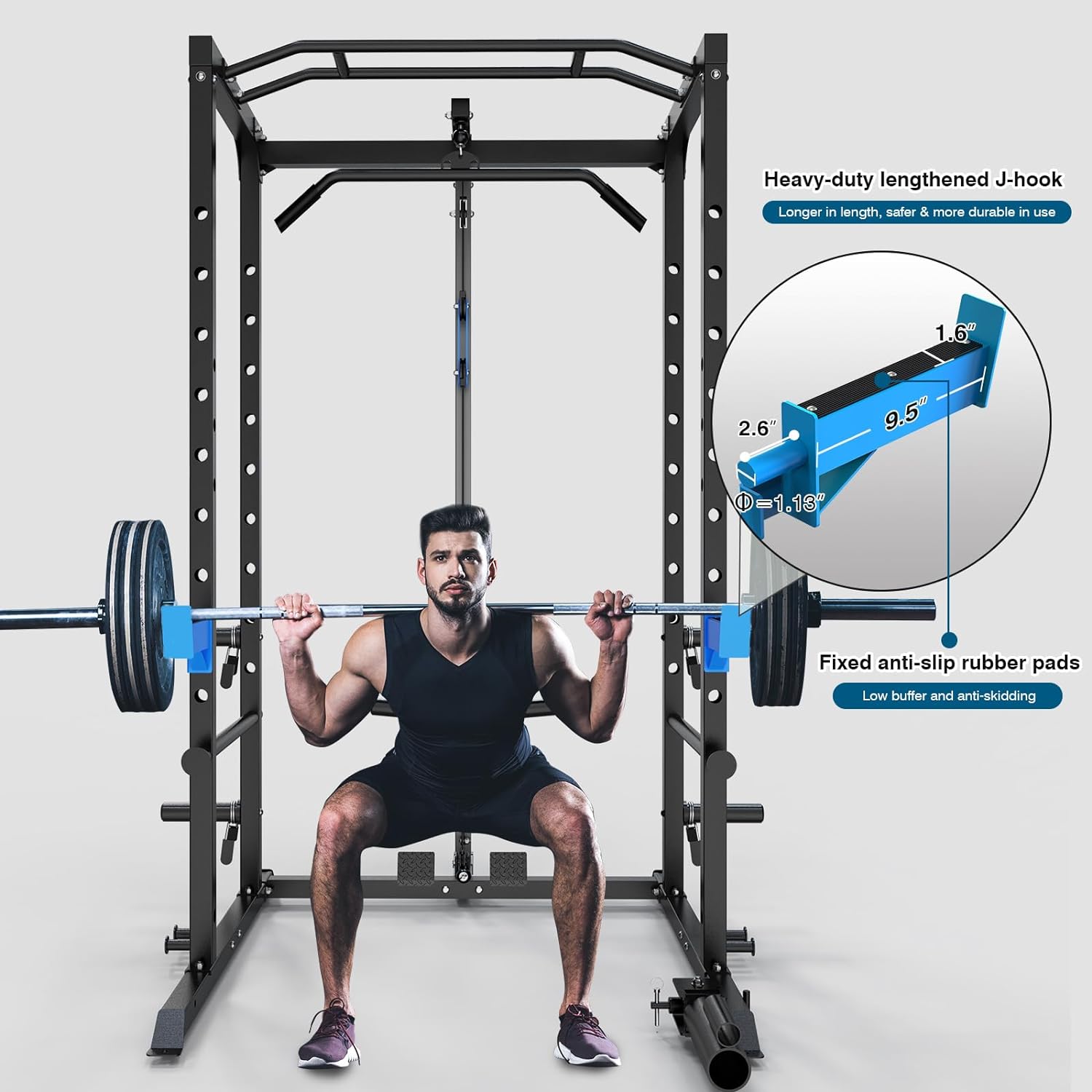 Power Cage, Multi-Functional Power Rack with J-Hooks, Dip Handles, Landmine Attachment and Optional Cable Pulley System for Home Gym