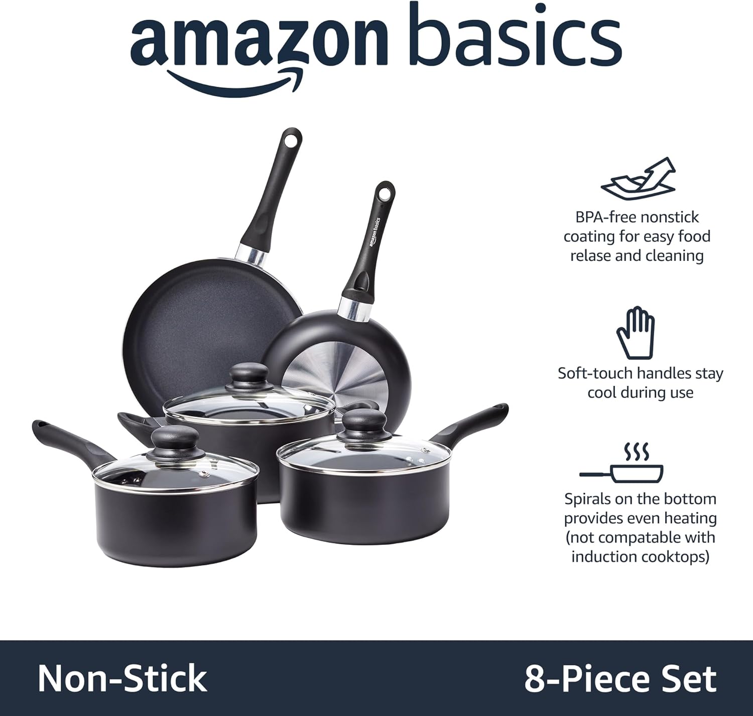 Amazon Basics Non-Stick Cookware 8-Piece Set, Pots and Pans, Black