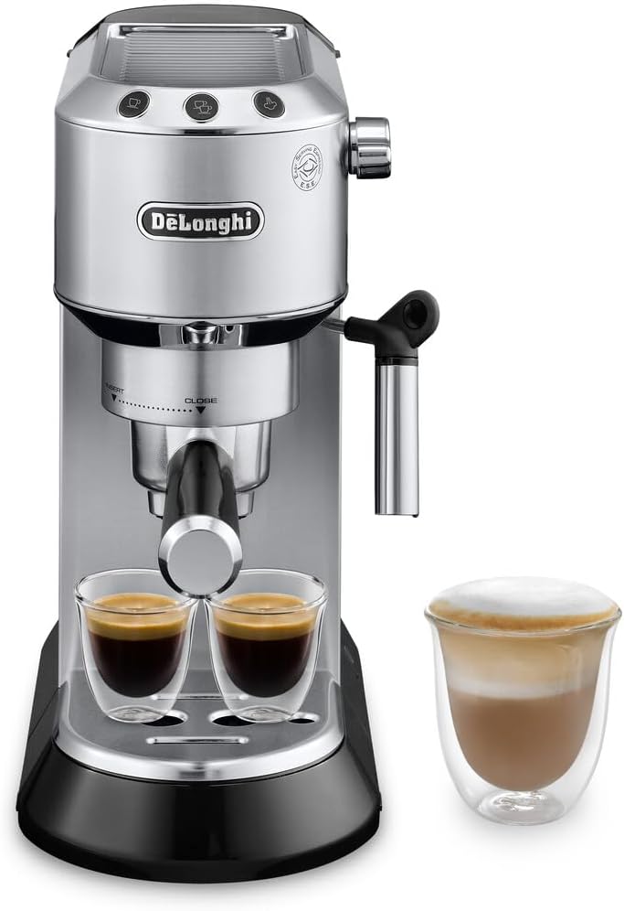 De'Longhi Dedica EC680M, Espresso Machine, Coffee and Cappucino Maker with Milk Frother, Metal / Stainless, Compact Design 6 in Wide, Fit Mug Up to 5 in