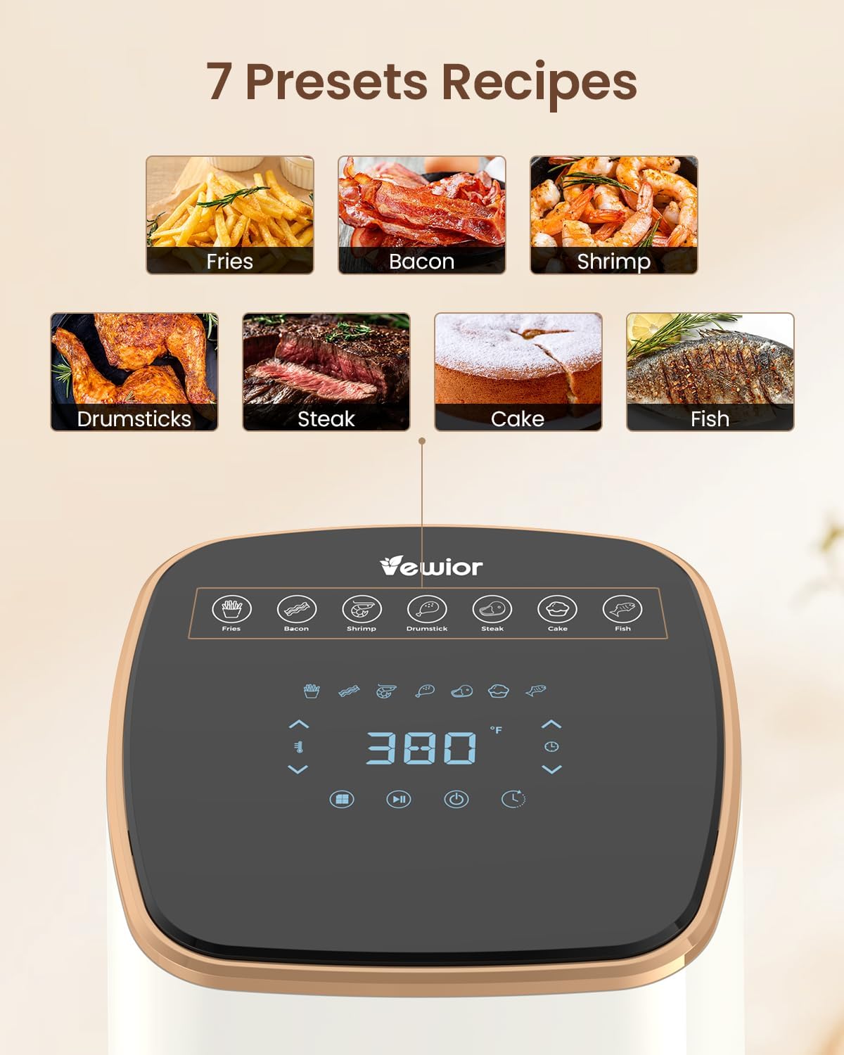 VEWIOR Air Fryer, 5.3Qt Airfyer with Viewing Window, 7 Custom Presets Large Air Fryer Oven with Smart Digital Touchscreen,Non-stick and Dishwasher-Safe Basket