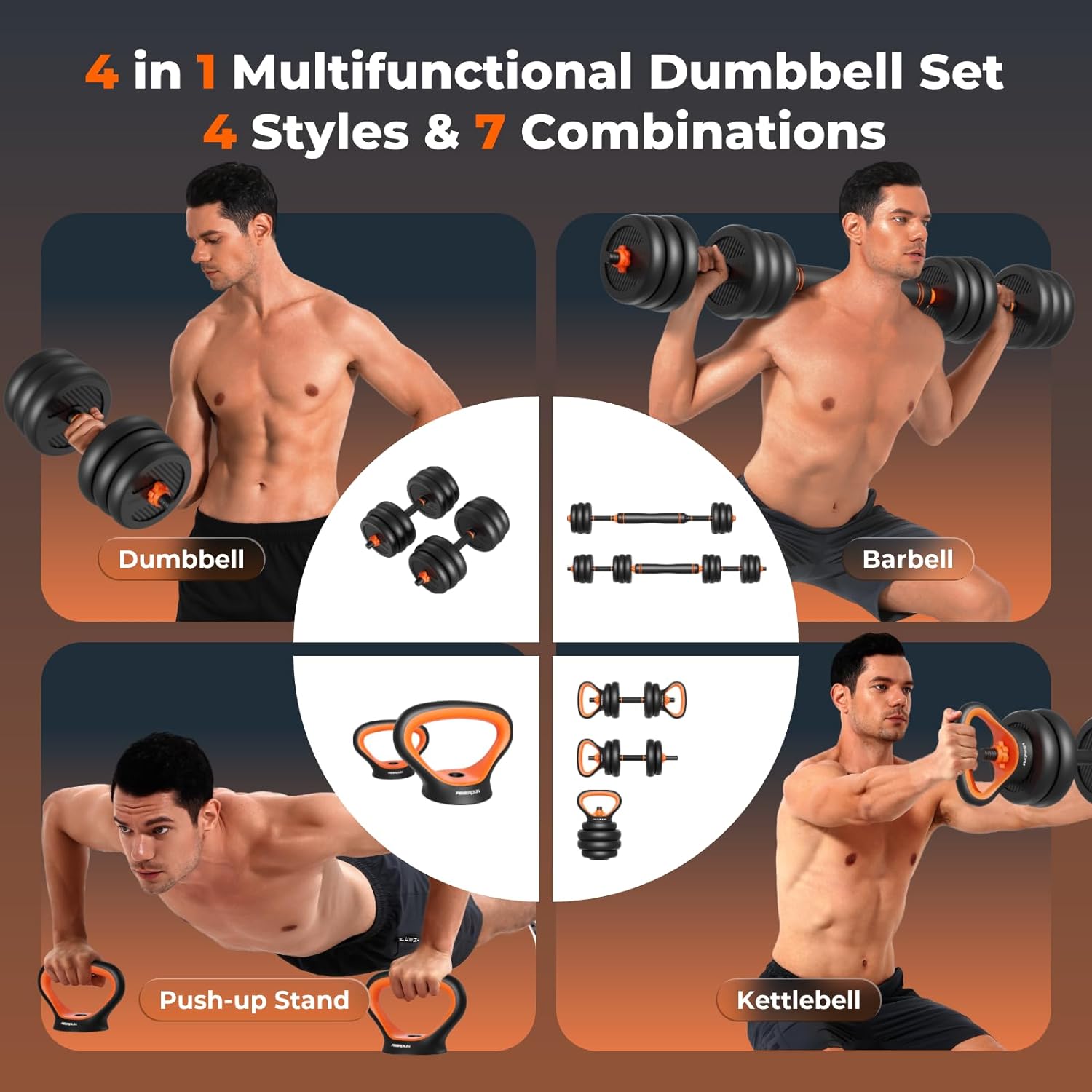 FEIERDUN Adjustable Dumbbells, 20/30/40/50/60/70/90lbs Free Weight Set with Connector, 4 in1 Dumbbells Set Used as Barbell, Kettlebells, Push up Stand, Fitness Exercises for Home Gym Suitable Men/Women