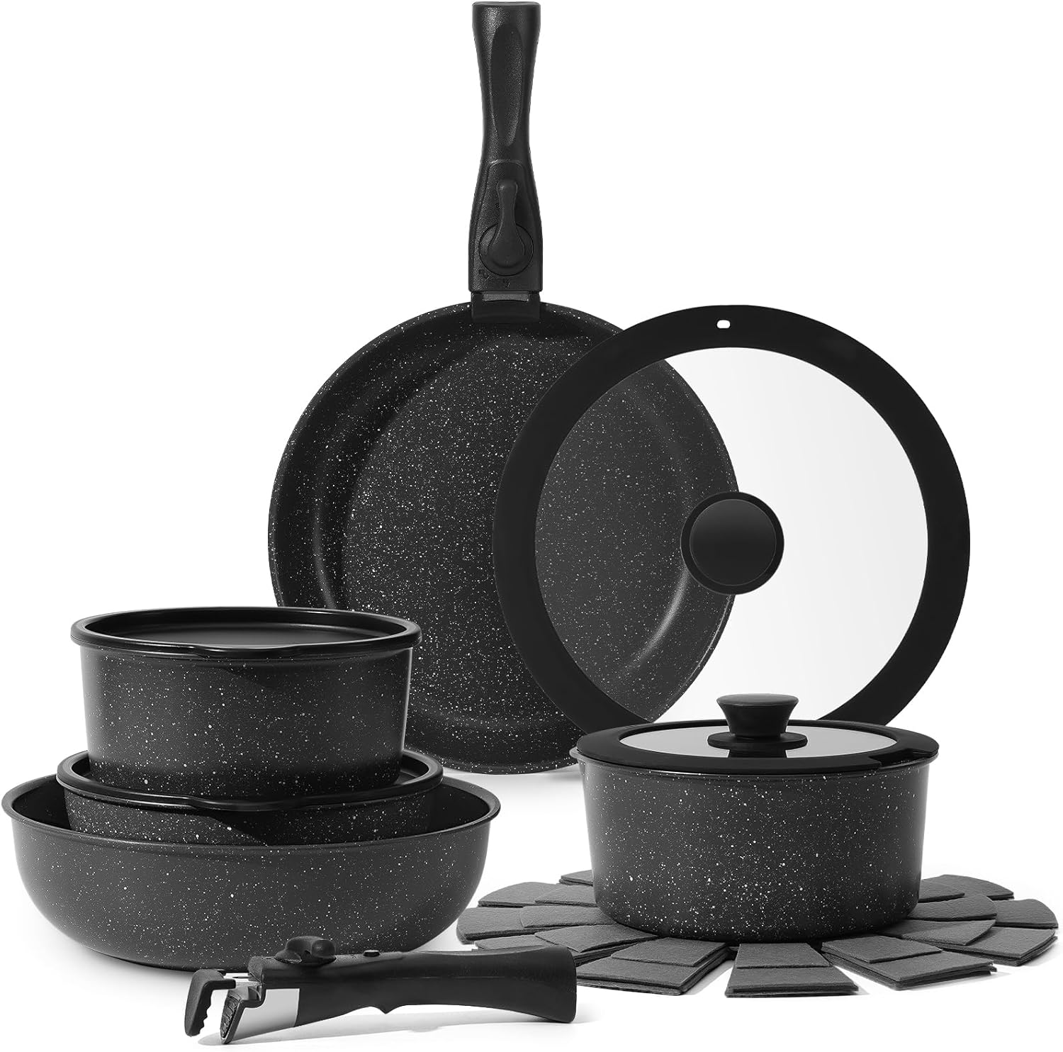 15 Pcs Pots and Pans Set Non Stick, Kitchen Cookware Sets with Detachable Handle, Non Stick Induction Cookware Cooking Set Removable Handle,Oven Safe, PFAS and PFOA Free, Black