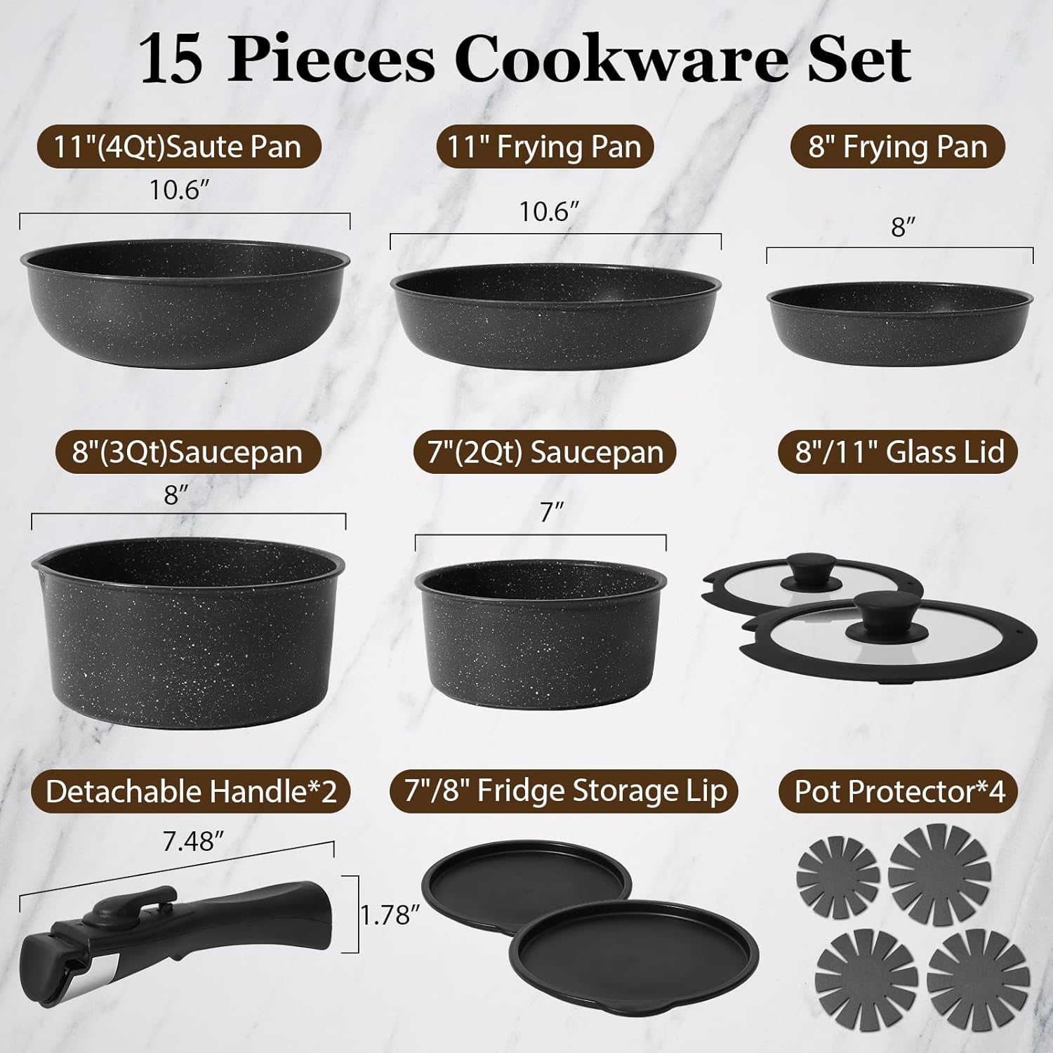 15 Pcs Pots and Pans Set Non Stick, Kitchen Cookware Sets with Detachable Handle, Non Stick Induction Cookware Cooking Set Removable Handle,Oven Safe, PFAS and PFOA Free, Black