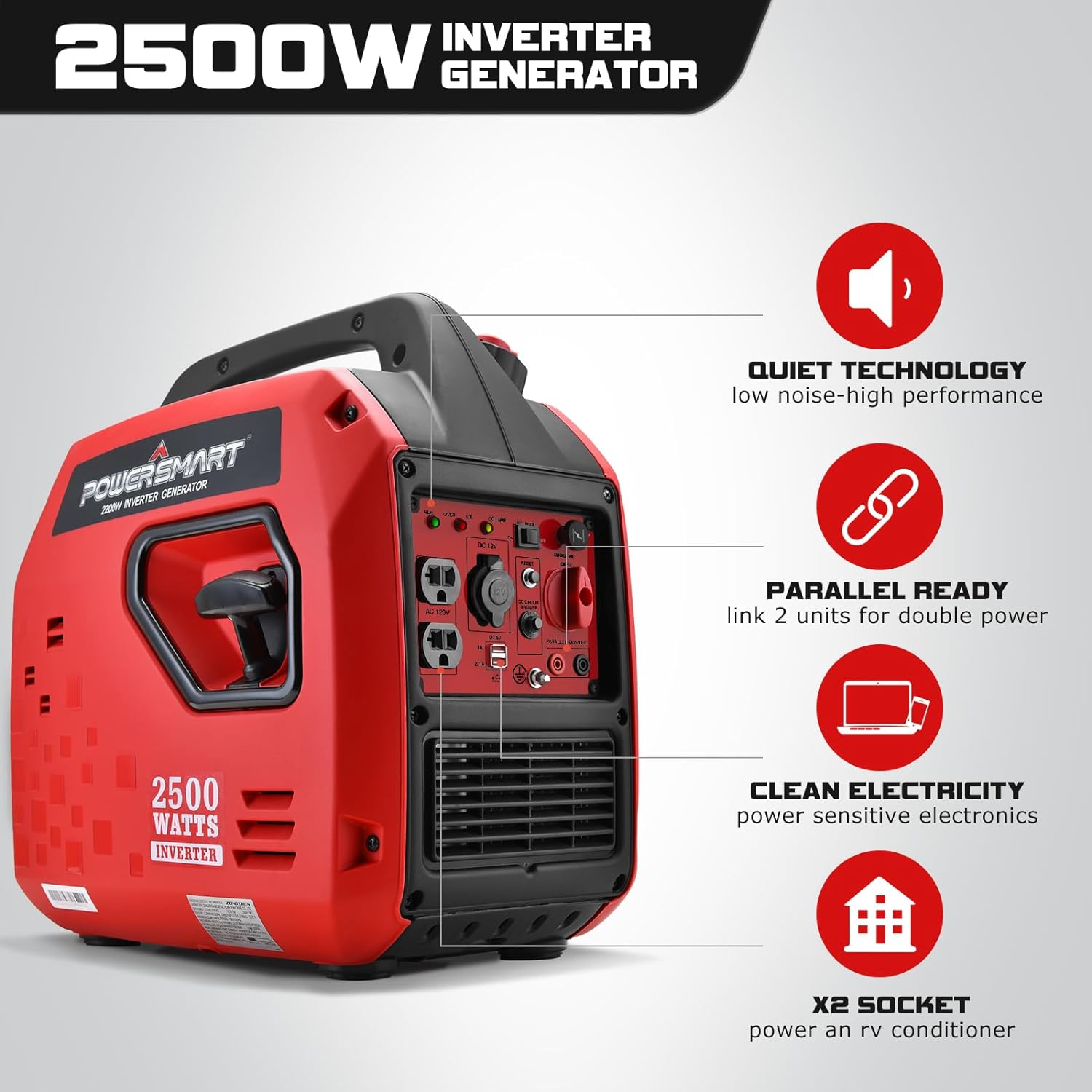 PowerSmart 2500-Watt Gas Powered Portable Inverter Generator, Super Quiet for Camping, Tailgating, Home Emergency Use, CARB Compliant 2024 Version