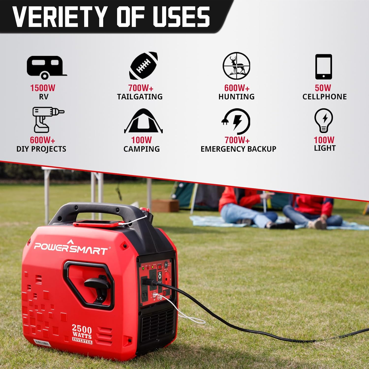 PowerSmart 2500-Watt Gas Powered Portable Inverter Generator, Super Quiet for Camping, Tailgating, Home Emergency Use, CARB Compliant 2024 Version