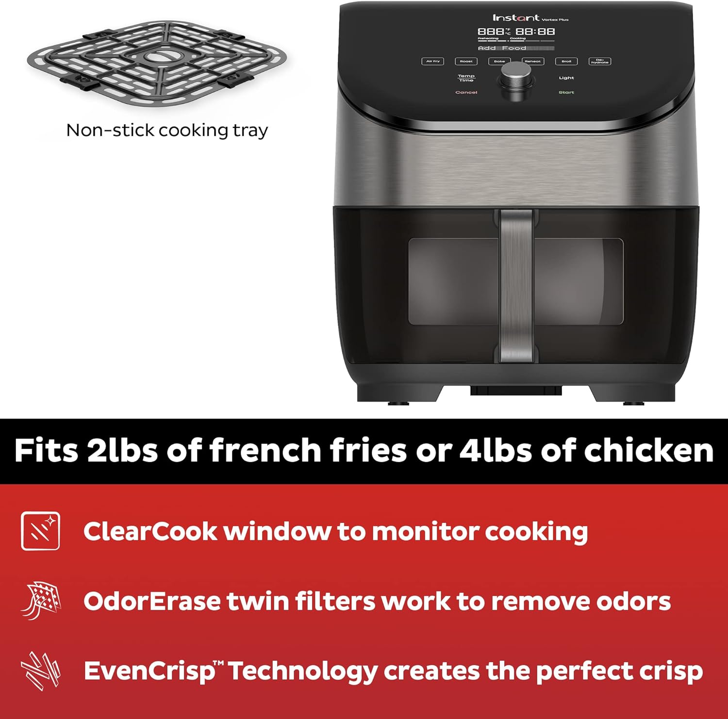 Instant Vortex Plus 6QT Air Fryer with Odor Erase Technology, 6-in-1 Functions that Crisps, Roasts, Broils, Dehydrates, Bakes & Reheats, 100+In-App Recipes, from the Makers of Instant Pot,1700W,Black