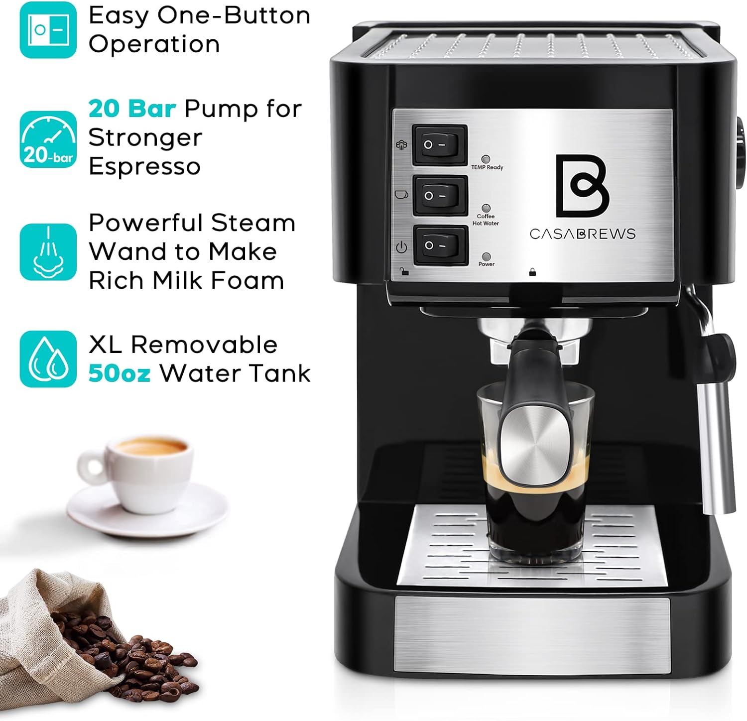 CASABREWS 20 Bar Espresso Machine, Coffee Maker with Steam Milk Frother, Professional Espresso Maker and Cappuccino Machine with 50oz Removable Water Tank, Gift for Men Women