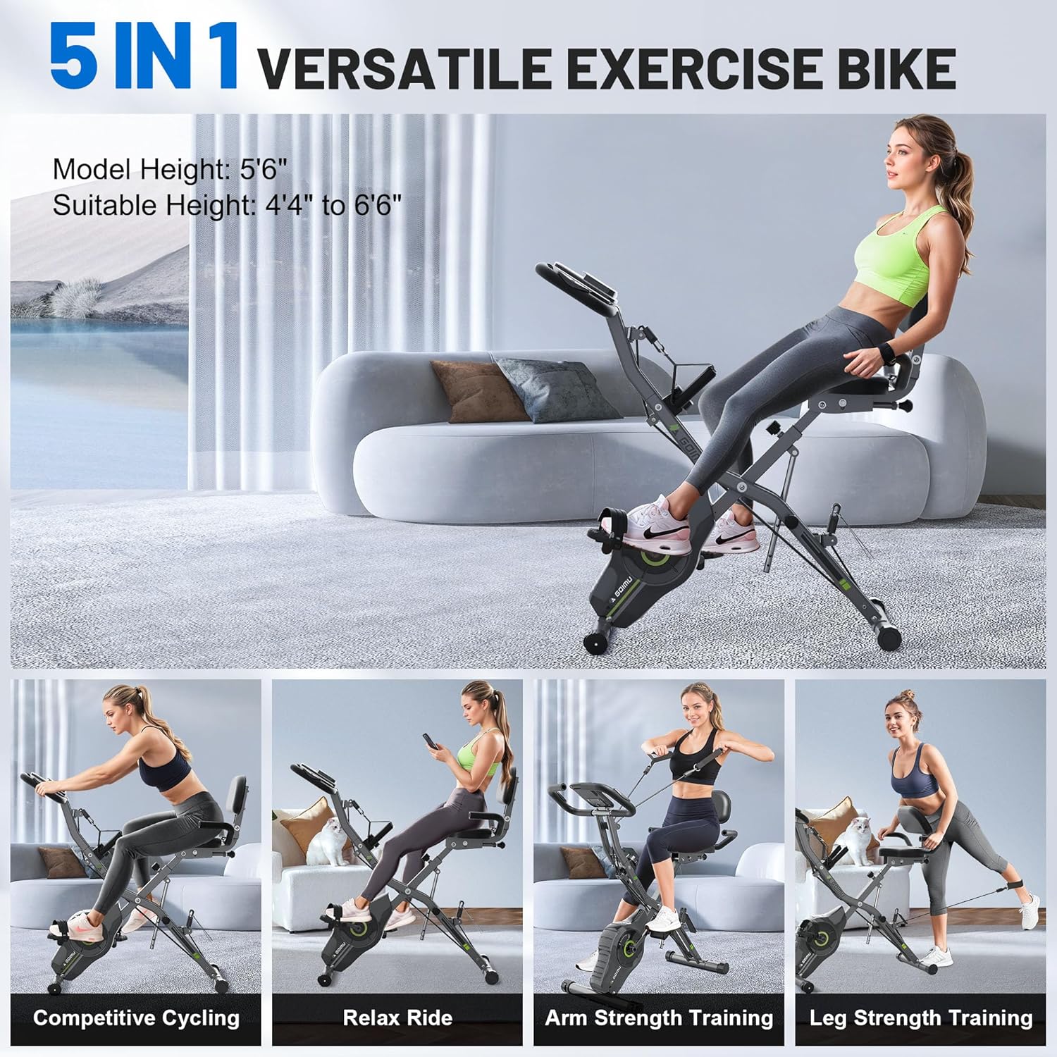 Exercise Bike, 5 in 1 Foldable Stationary Bike for Seniors, 16-Level Adjustable Magentic Resistance, Indoor Recumbent Bike with 330LB Capacity, Comfortable Seat Backrest Adjustments