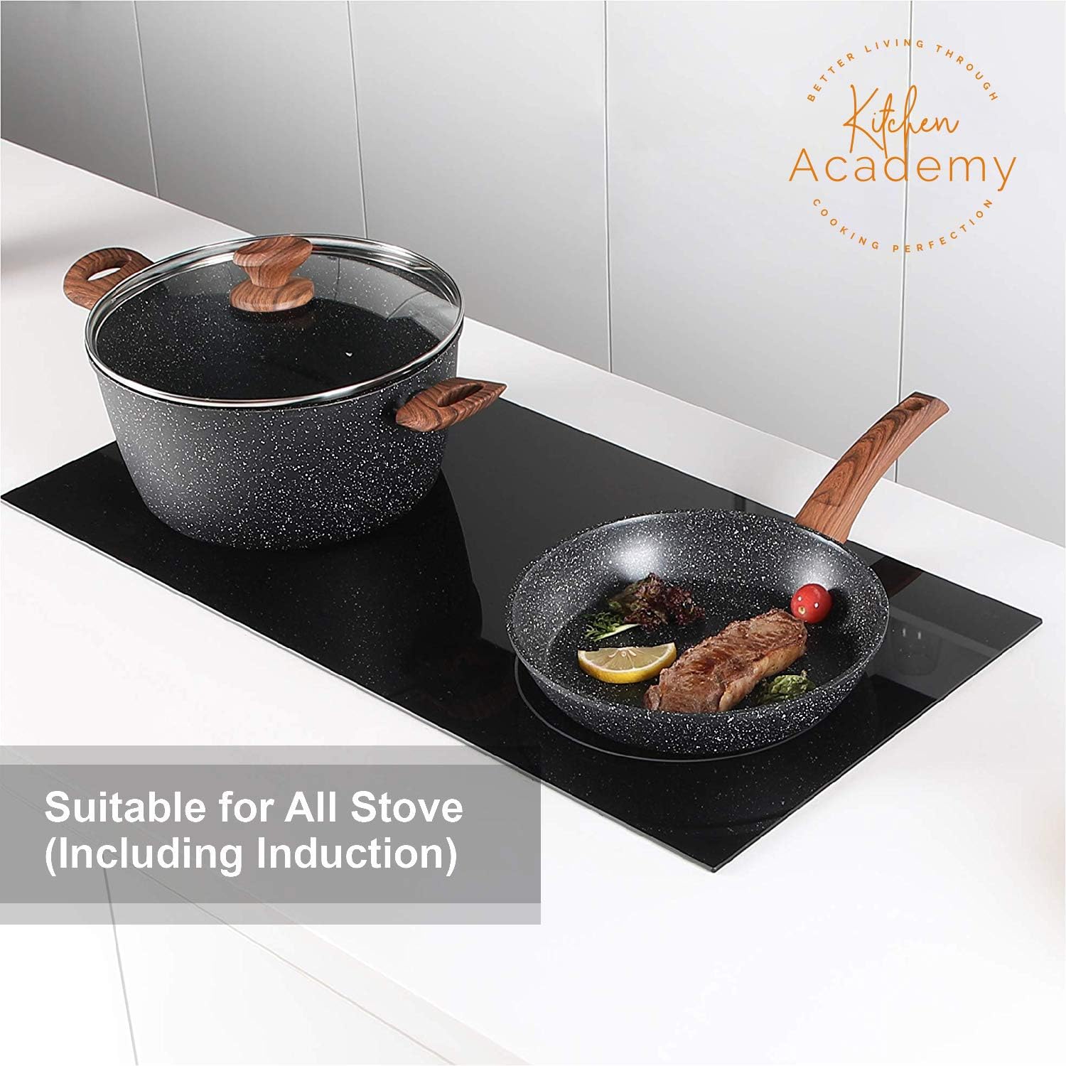 Kitchen Academy Induction Cookware Sets - 12 Piece Cooking Pan Set, Granite Black Nonstick Pots and Pans Set