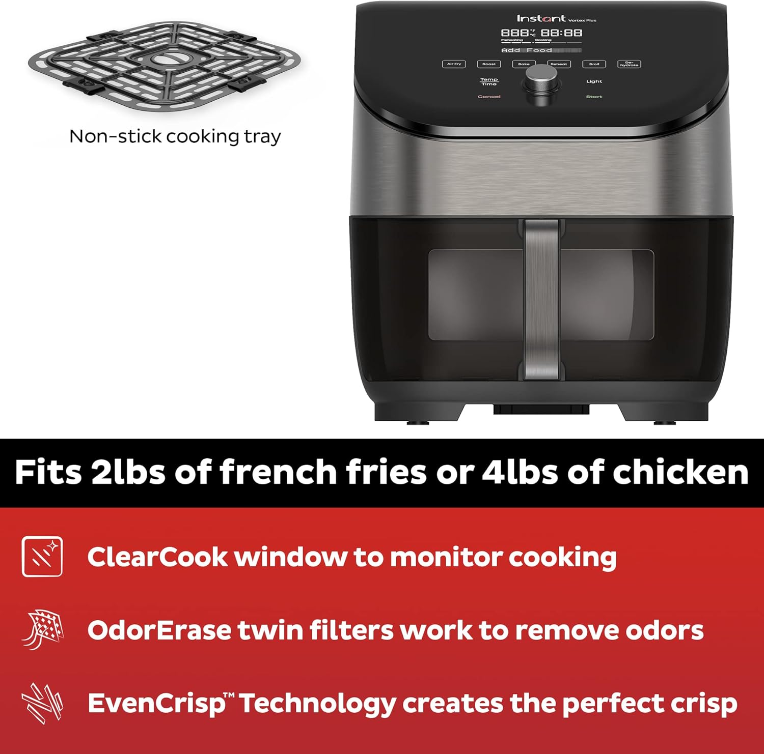 Instant Vortex Plus 6QT Air Fryer with Odor Erase Technology, 6-in-1 Functions that Crisps, Roasts, Broils, Dehydrates, Bakes & Reheats, 100+In-App Recipes, from the Makers of Instant Pot,1700W,Black