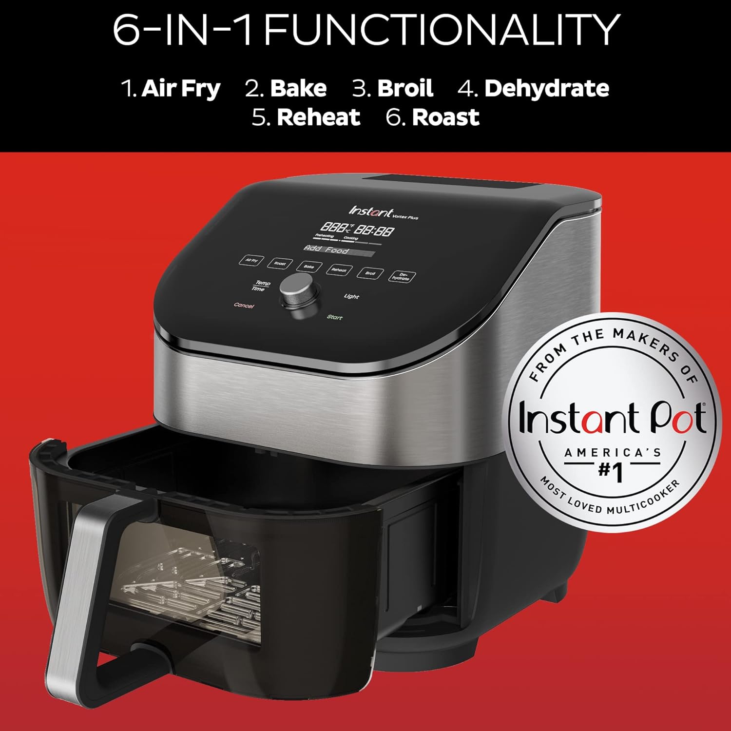 Instant Vortex Plus 6QT Air Fryer with Odor Erase Technology, 6-in-1 Functions that Crisps, Roasts, Broils, Dehydrates, Bakes & Reheats, 100+In-App Recipes, from the Makers of Instant Pot,1700W,Black