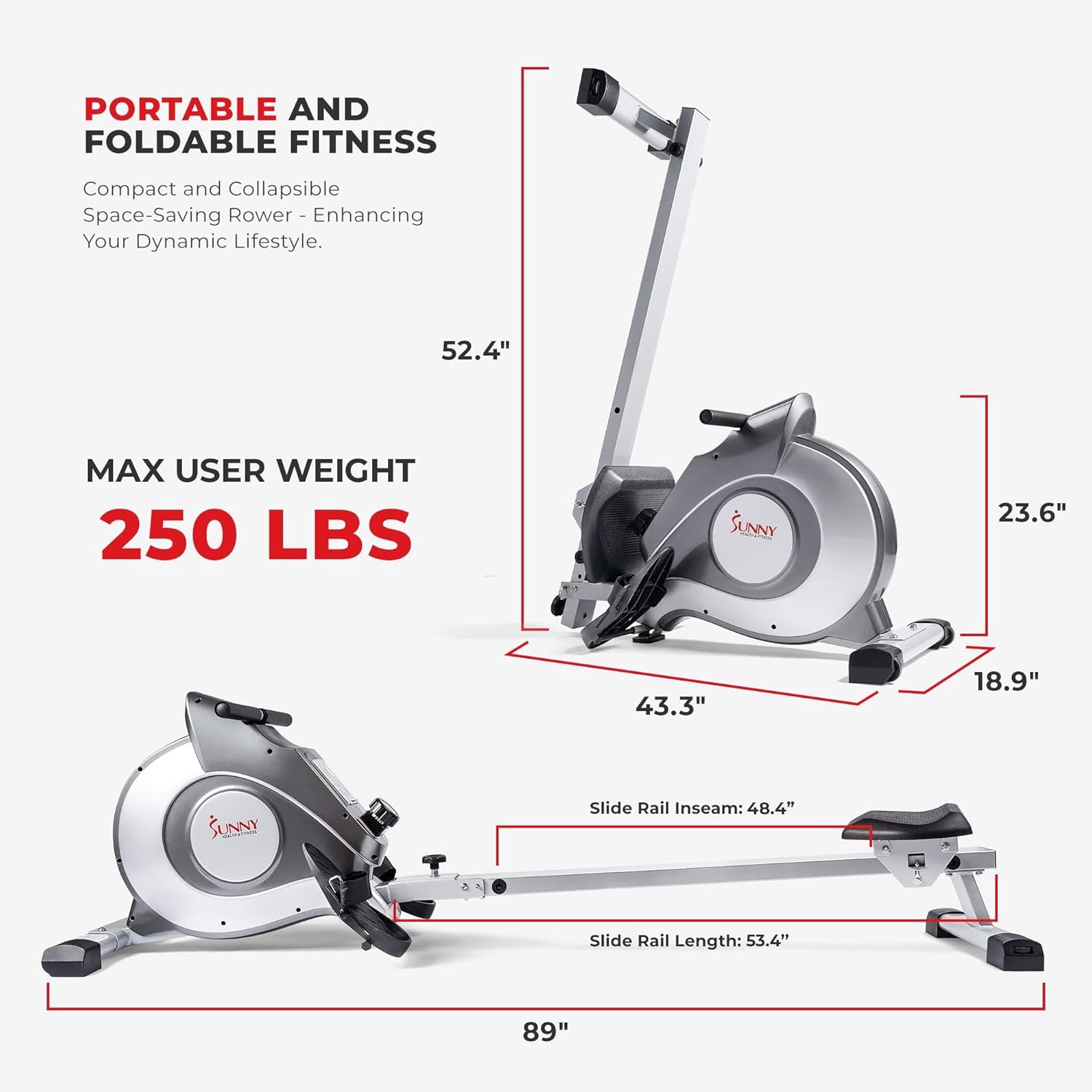 Sunny Health & Fitness Magnetic Rowing Machine w 53.4" Extended Slide Rail, Smooth Quiet Resistance and Optional Exclusive SunnyFit App