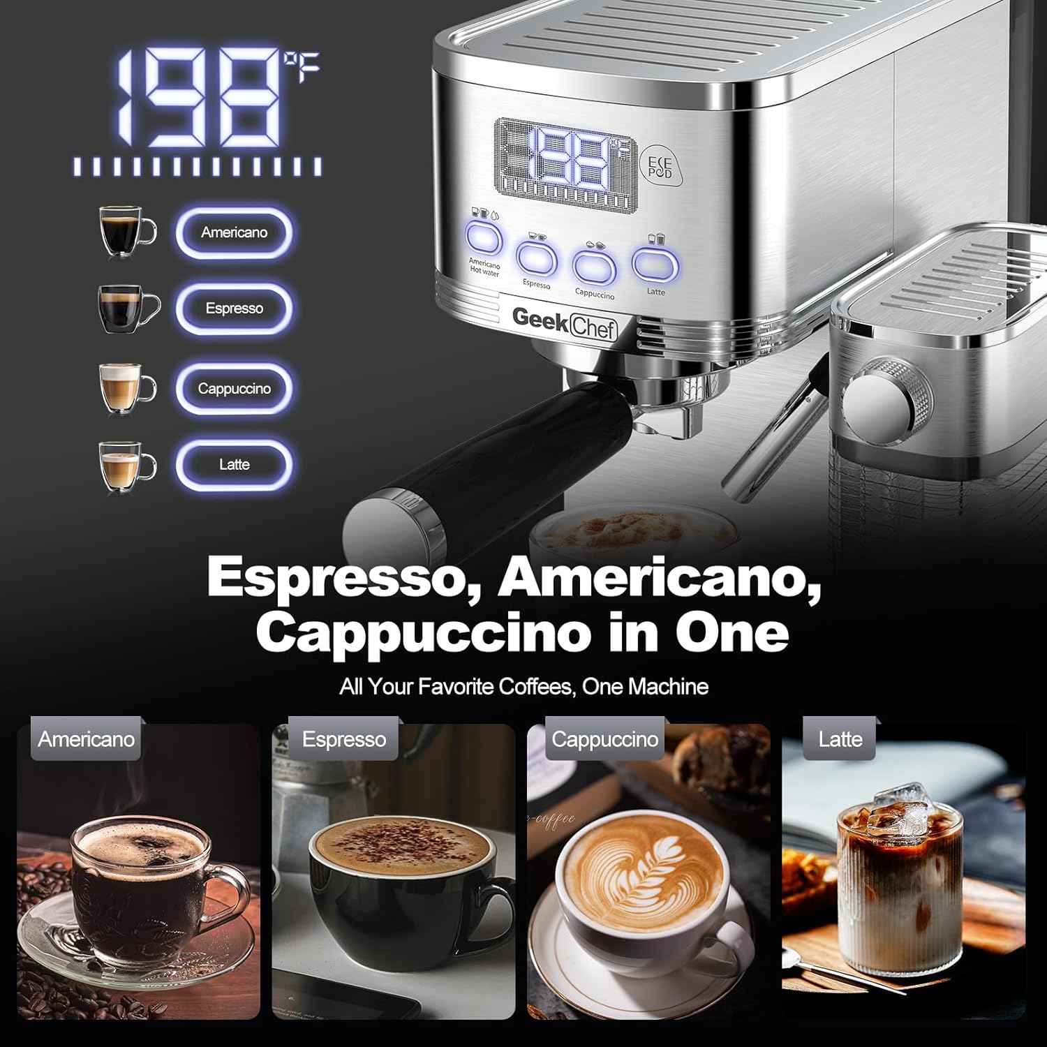 Geek Chef Espresso and Cappuccino Machine with Automatic Milk Frother, Stainless Steel Espresso Coffee Machine with Removable Water Tank, Prefect Gift for Dad Mom