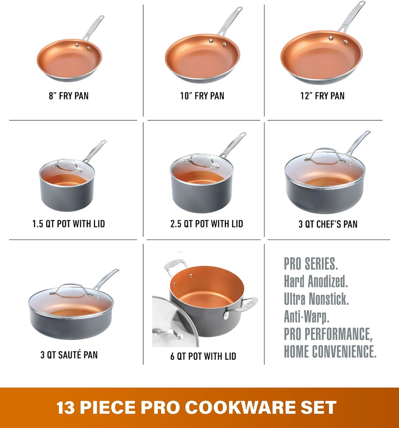 Gotham Steel Pro 13 Pc set Ceramic Pots and Pans Set Non Stick Cookware Sets Pot and Pan Set, Kitchen Cookware Sets, Ceramic Cookware Set, Hard Anodized Cookware Set, Pot Set, Dishwasher Safe, Copper