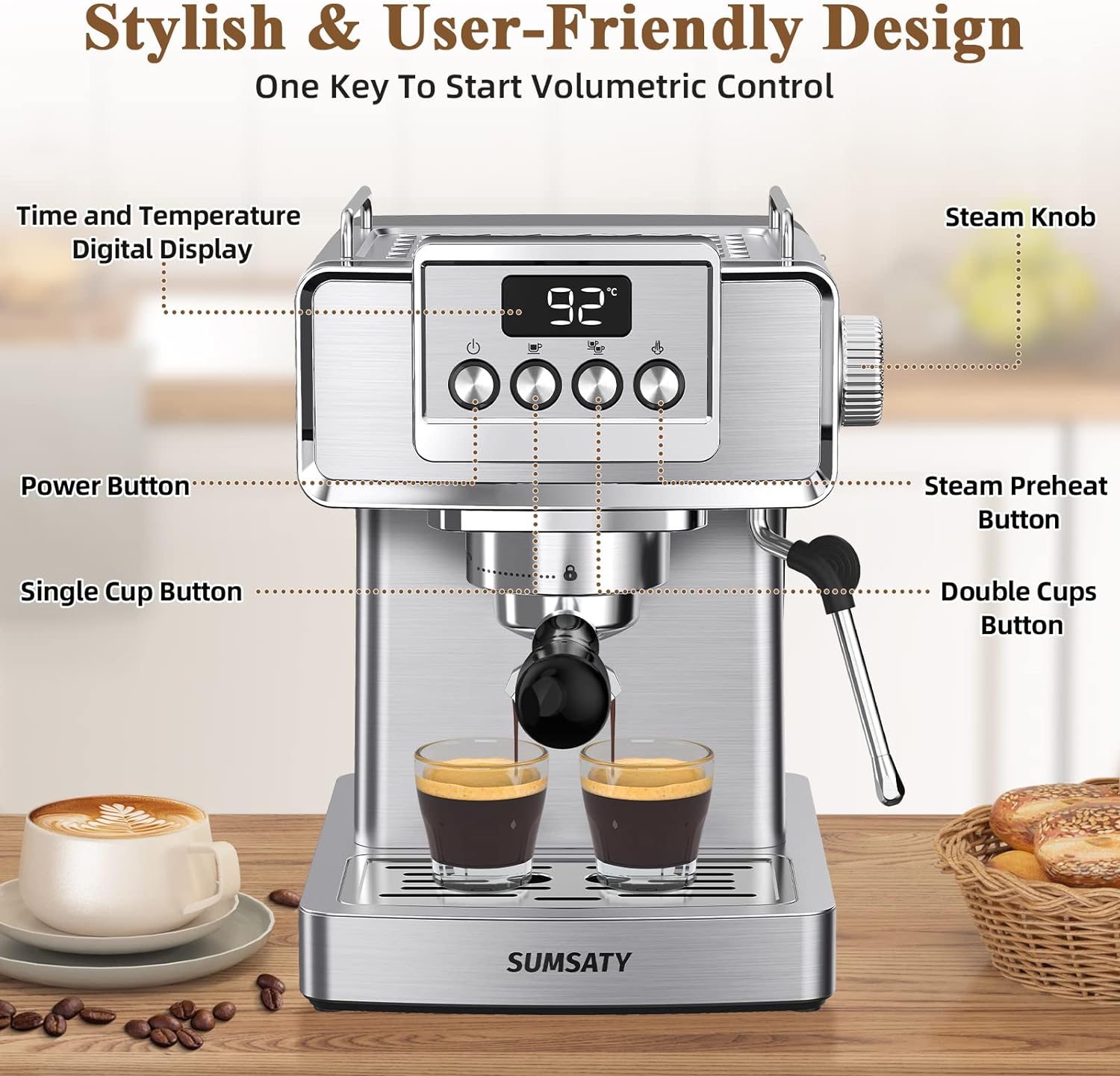 Espresso Machine, Stainless Steel Espresso Machine with Milk Frother for Latte, Cappuccino, Machiato,for Home Espresso Maker, 1.8L Water Tank, 20 Bar