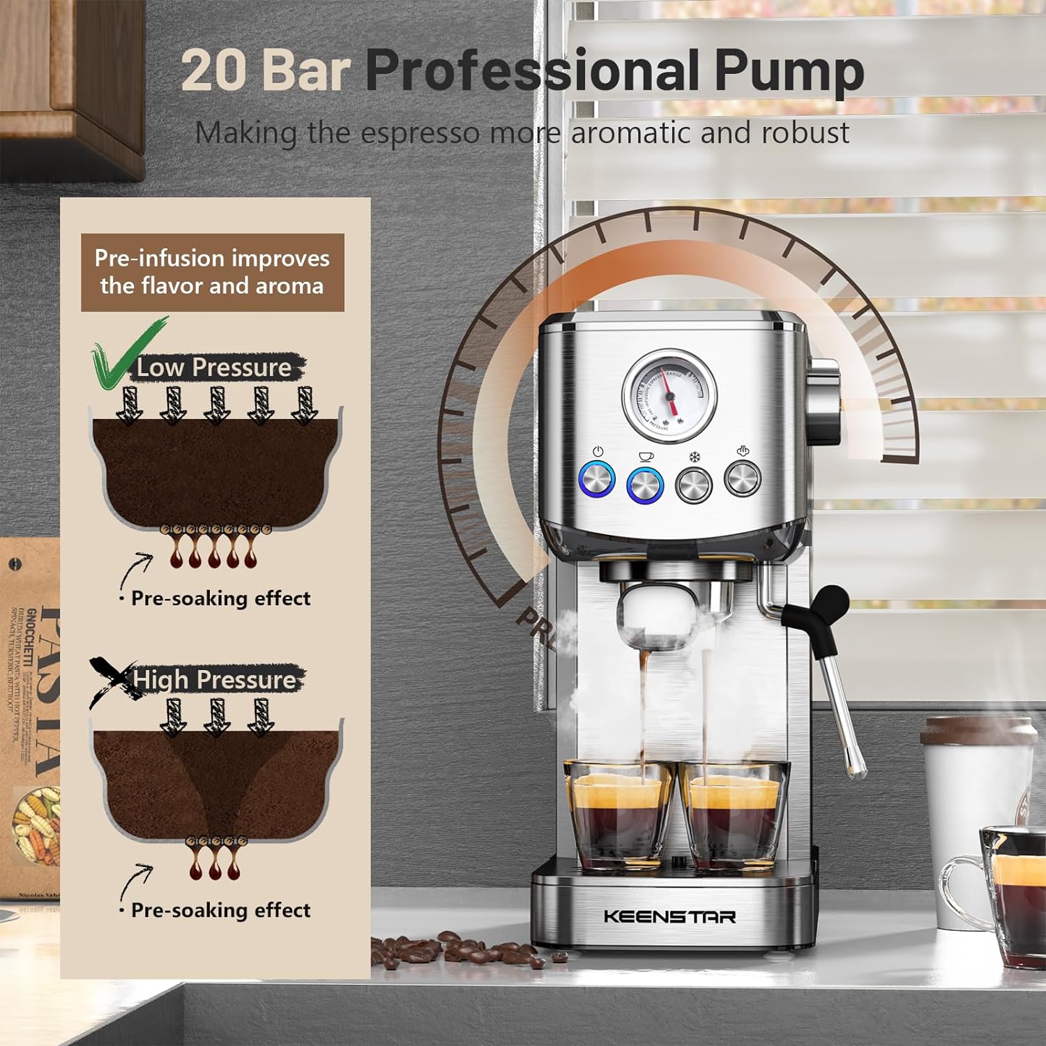 Espresso Machine, 20 Bar Cold Brew Espresso Maker, 1350W Coffee Machine with Milk Frother Steam Wand, 41oz Removable Water Tank for Cappuccino, Latte, Gifts for Coffee Lover, Stainless Steel