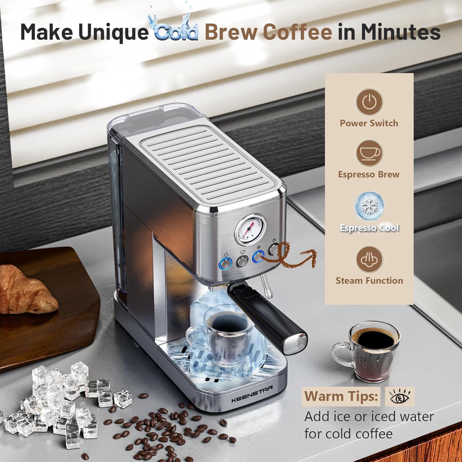 Espresso Machine, 20 Bar Cold Brew Espresso Maker, 1350W Coffee Machine with Milk Frother Steam Wand, 41oz Removable Water Tank for Cappuccino, Latte, Gifts for Coffee Lover, Stainless Steel