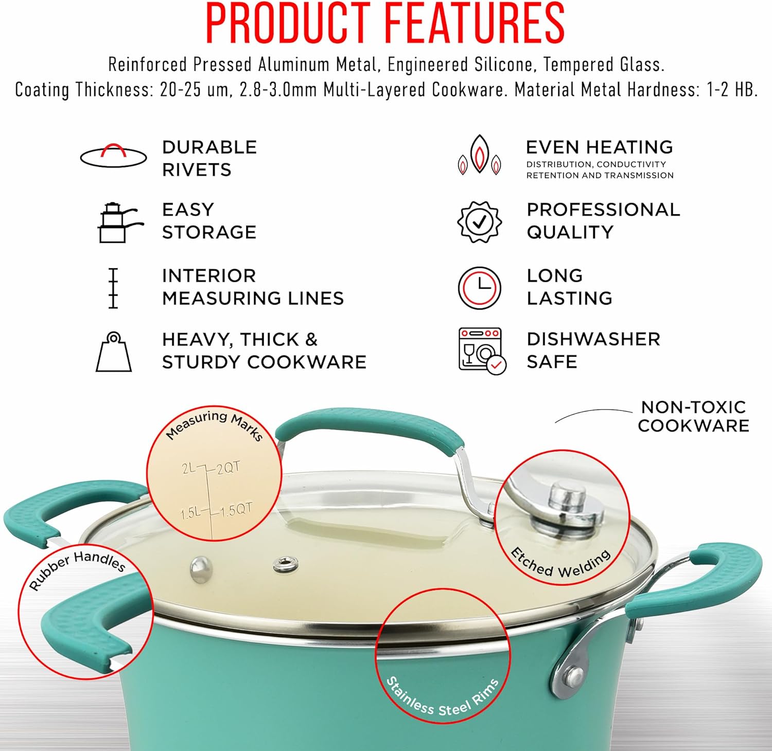 Cookware Set – 23 Piece –Aqua Multi-Sized Cooking Pots with Lids, Skillet Fry Pans and Bakeware – Reinforced Pressed Aluminum Metal - Suitable for Gas, Electric, Ceramic and Induction by BAKKEN Swiss