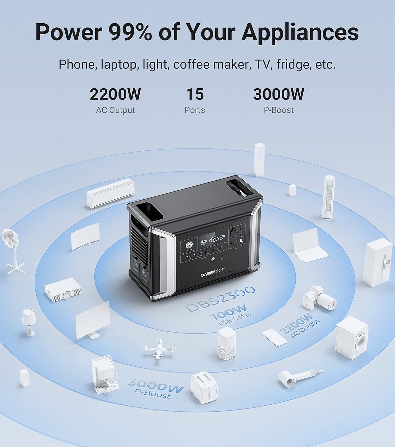 Dabbsson Portable Power Station DBS2300, 2330Wh EV Semi-solid State LiFePO4 Home Battery Backup, Max 8330Wh, 5×2200W AC Outlets, Solar Generator for Camping, Home Backup, Emergency, RV