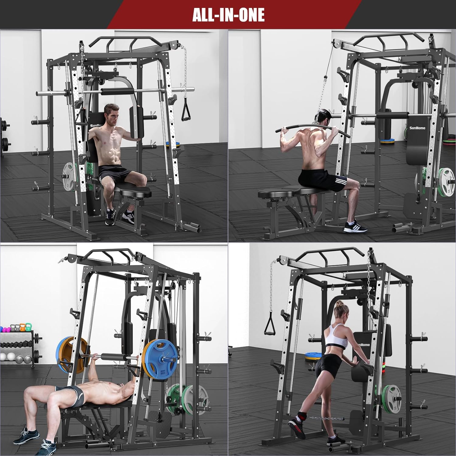 Smith Machine, 2000LBS Power Cage Squat Rack with Smith Bar, Two LAT Pull-Down Systems, Cable Crossover Machine and and More Cable Attachment for Home Gym