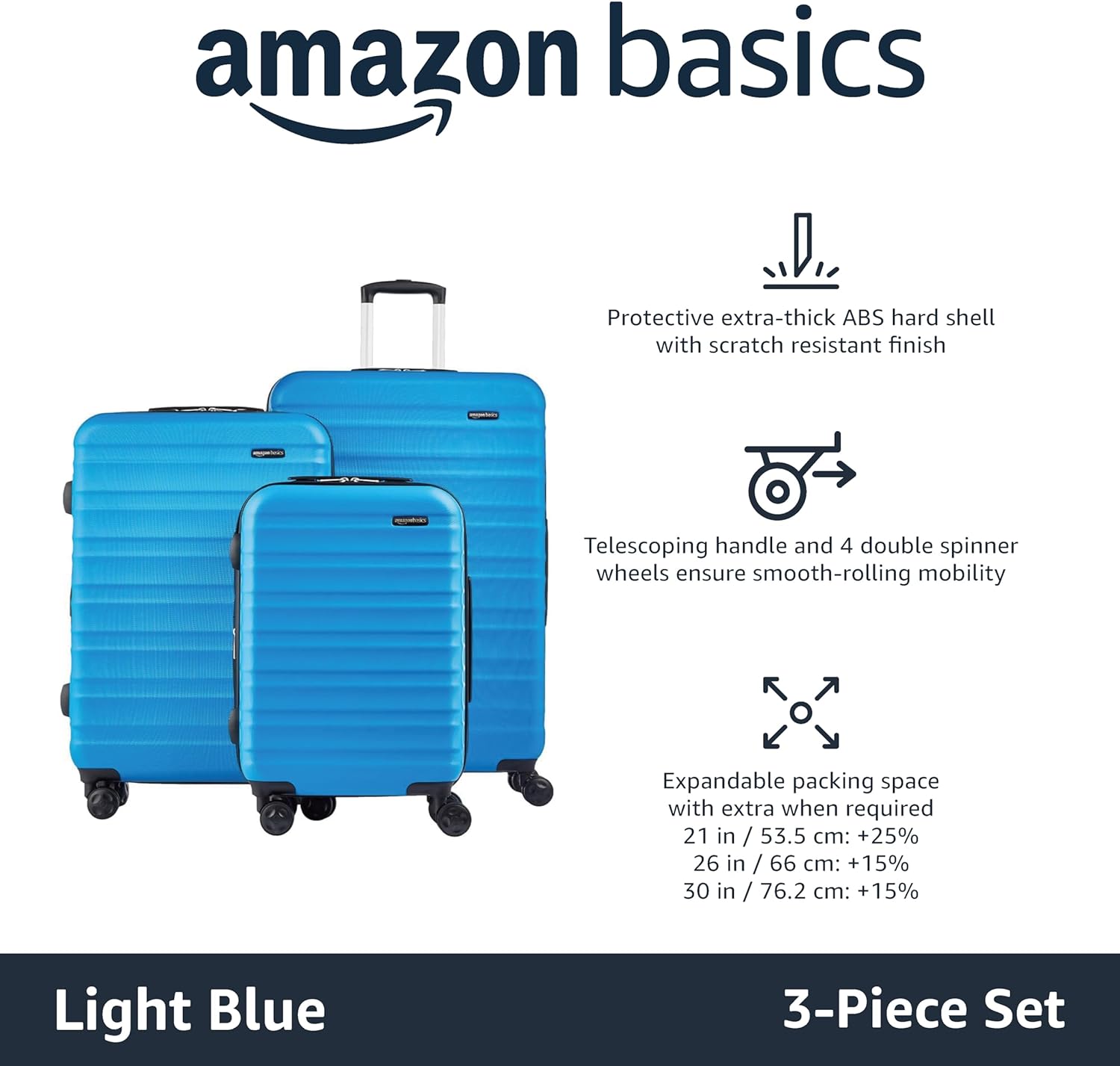 Amazon Basics 3-Piece Set Luggage (20", 24", 28") - Hardside Expandable Suitcase With Four Spinner Wheels and Scratch-Resistant Surface, Light Blue