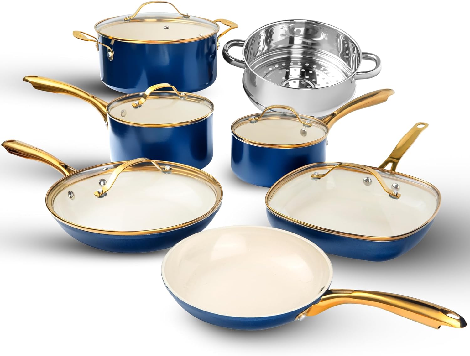 Gotham Steel 12 Pc Ceramic Pots and Pans Set Non Stick, Kitchen Cookware Sets, Pot and Pan Set, Ceramic Cookware Set, Non Toxic Cookware Set, Non Stick Pots and Pan Set, Dishwasher Safe - Cream Navy