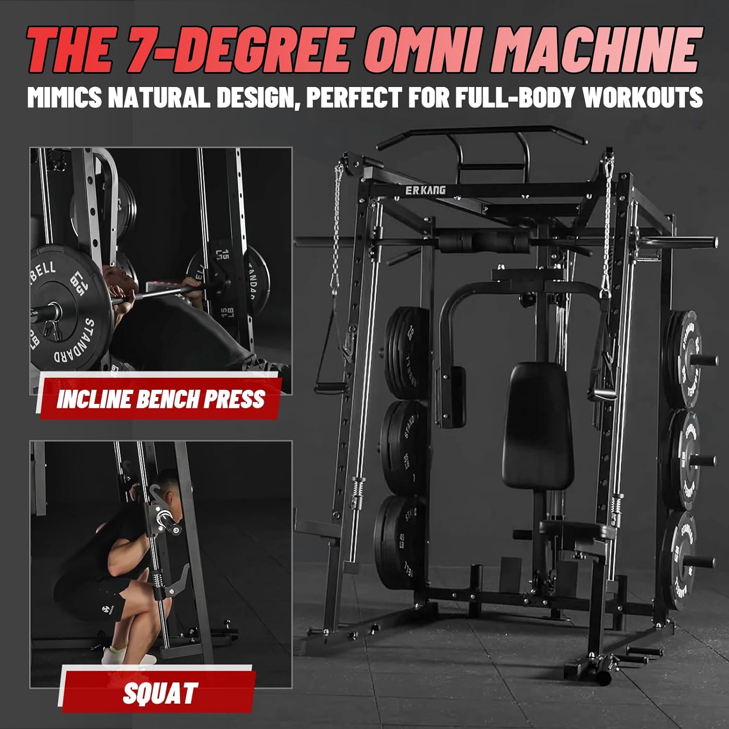 ER KANG SmithΔ Machine Power Cage, Cage Machine Chest Fly Machine, 2000LBS Power Rack with Cable System, Multi-Function Workout Weight Cage with Seat pad, J-Hooks, Spotter Arms, Home Gym, Black