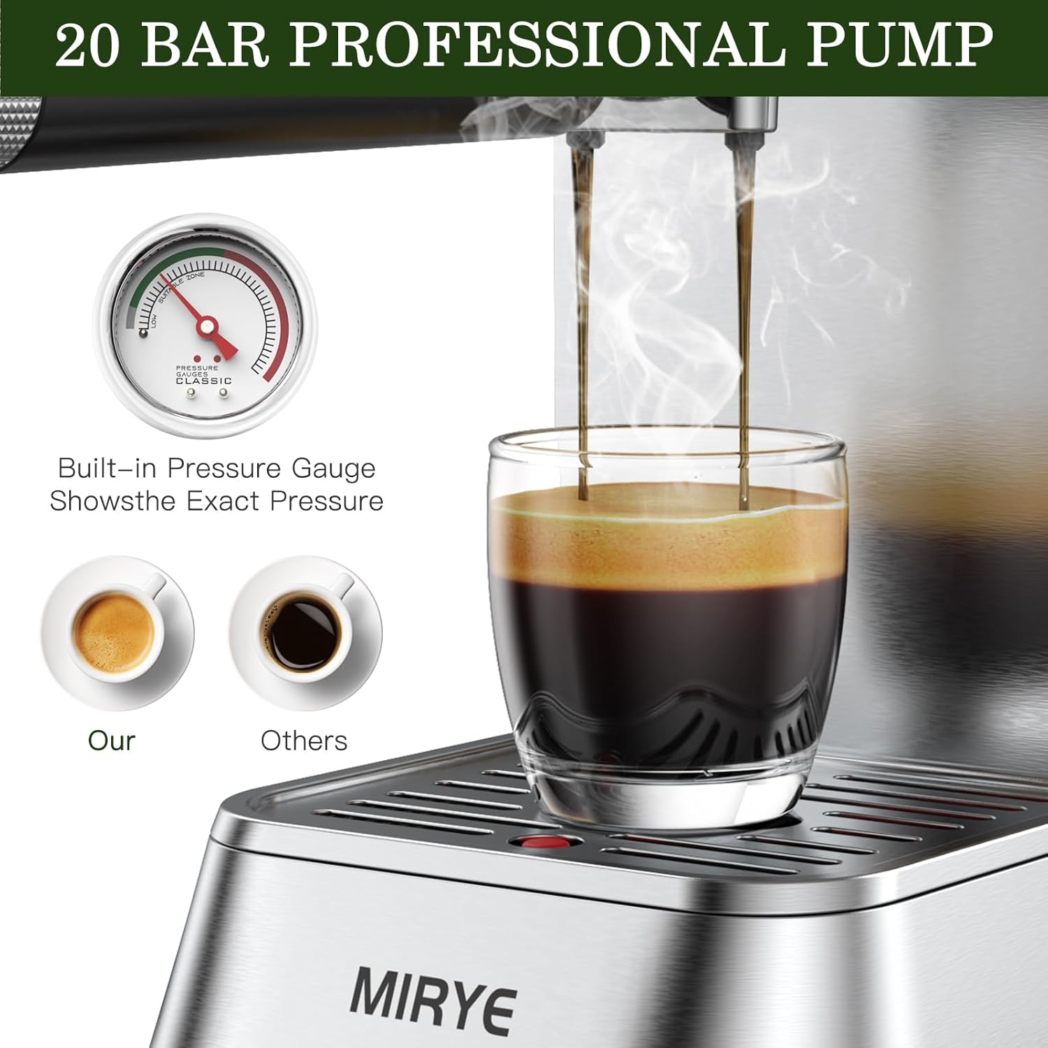 MR Espresso Machine, 20 Bar Stainless Steel Espresso Maker Coffee Machine for Home or Office With Removable Water Tank, Measuring Spoon, Brewing Filter, Milk Cup, Milk Frother Steam Wand