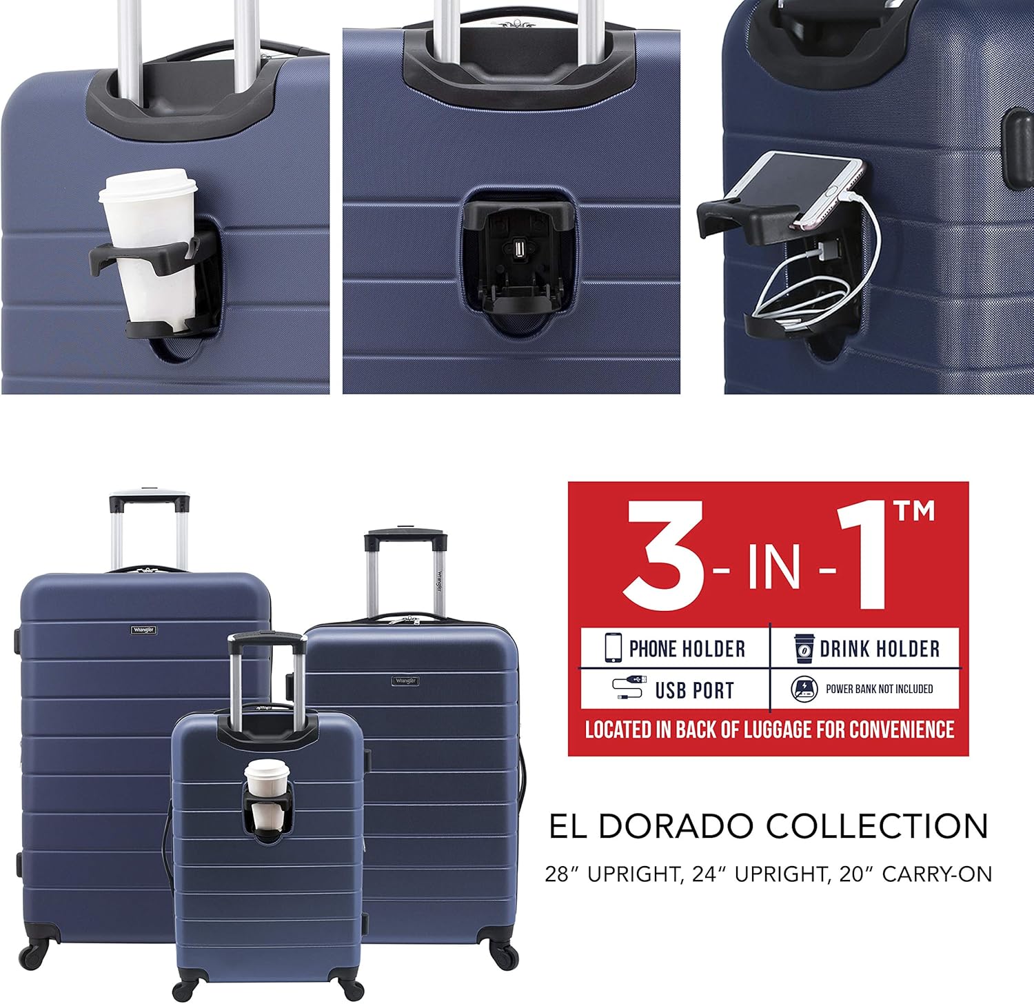 Wrangler Smart Luggage Set with Cup Holder and USB Port, Navy Blue, 20-Inch Carry-On