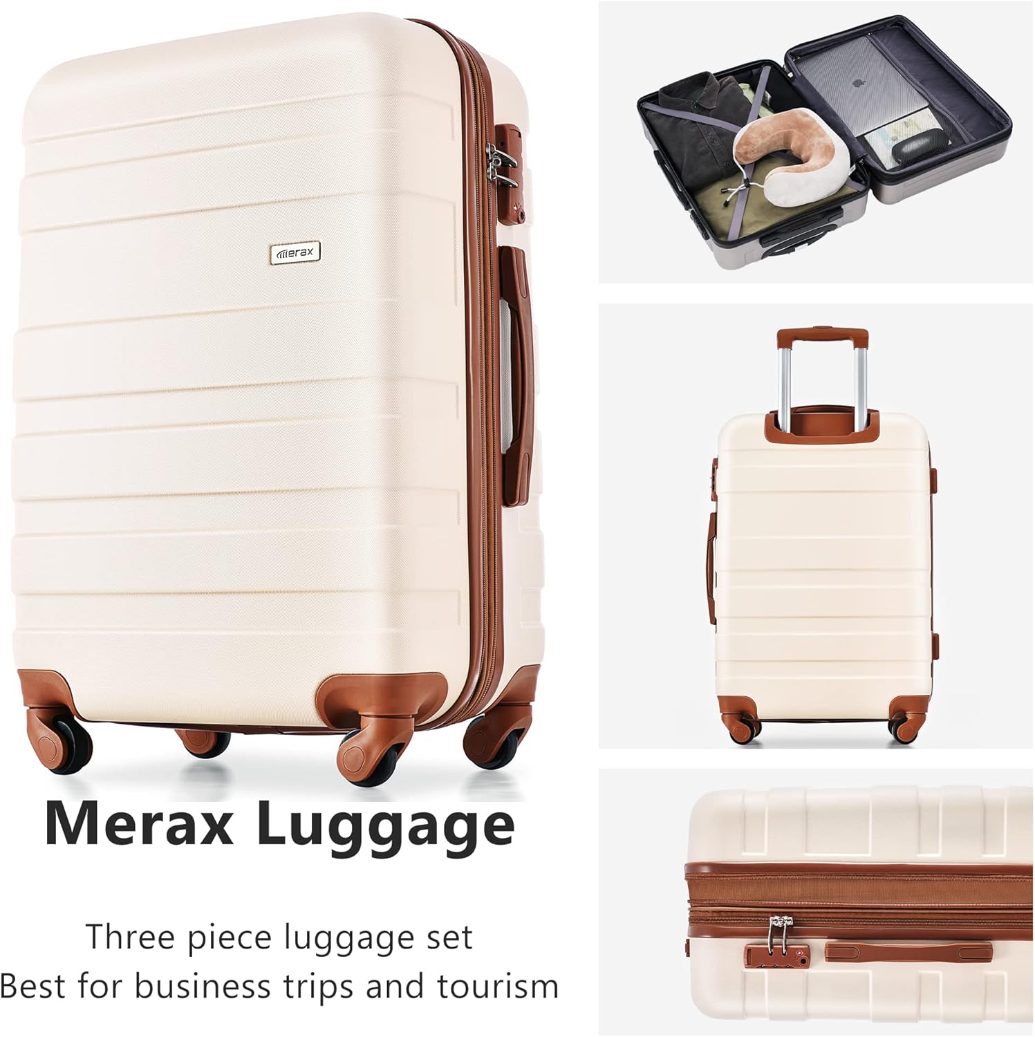 Merax 3 Piece Expandable ABS Hardshell Luggage Sets Spinner Wheel Suitcase TSA Lock Suit Case, Ivory/Brown, 20/24/28 Inch