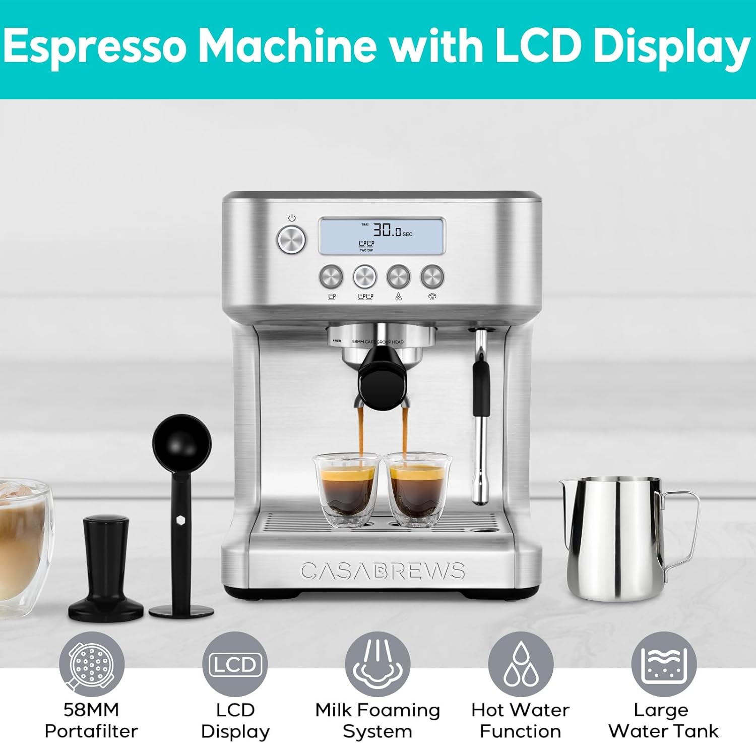 CASABREWS Espresso Machine with LCD Display, Barista Cappuccino Maker with Milk Frother Steam Wand, Professional Latte Coffee Machine with Adjustable Extraction Temperature, Gifts for Mother or Father