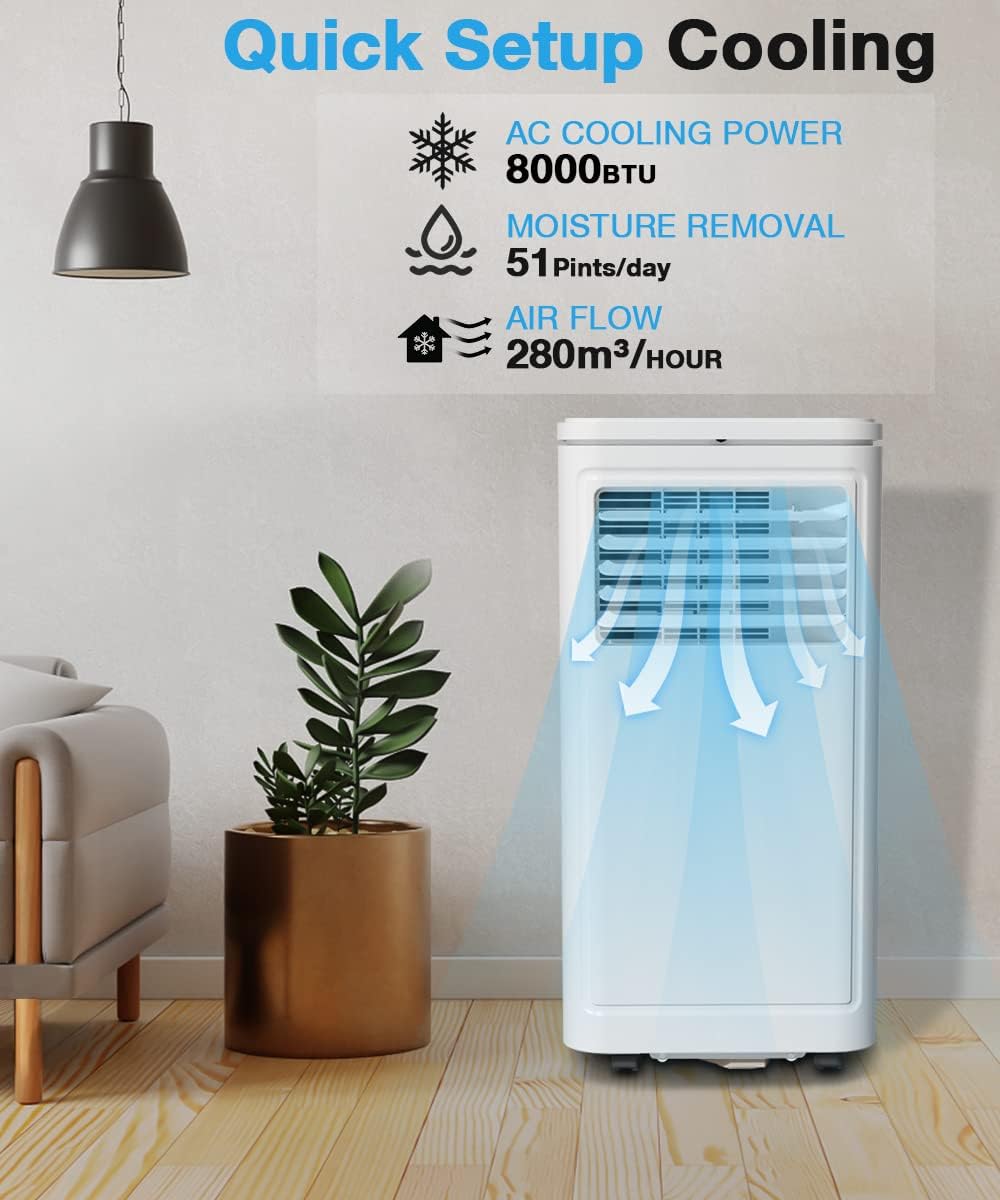 Joy Pebble Portable Air Conditioner 8000 BTU, 3-IN-ONE Portable AC with Dehumidifier & Fan, cooling for Room up to 350 sq. ft, ECO Mode, 2 Fan Speeds, 24H Timer, Remote Control