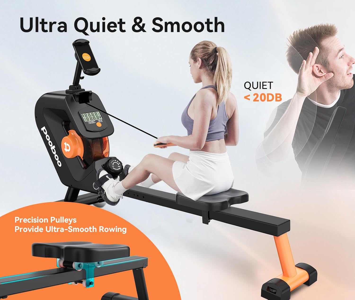 pooboo rowing machine, Max 350 LBS Magnetic Rower with LCD Monitor, Tablet Holder, Upgraded Rowing machines for home use