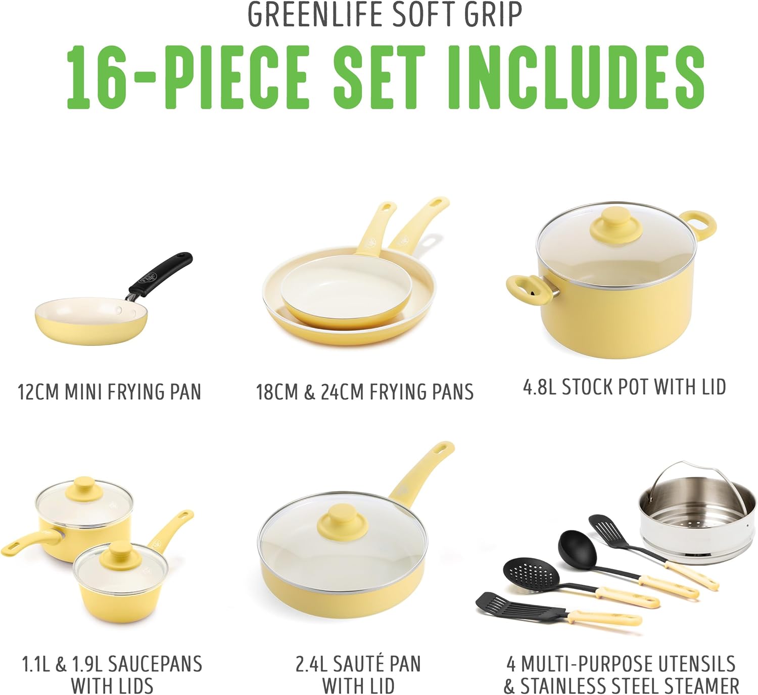 GreenLife Soft Grip Healthy Ceramic Nonstick 16 Piece Kitchen Cookware Pots and Frying Sauce Saute Pans Set, PFAS-Free with Kitchen Utensils and Lid, Dishwasher Safe, Yellow