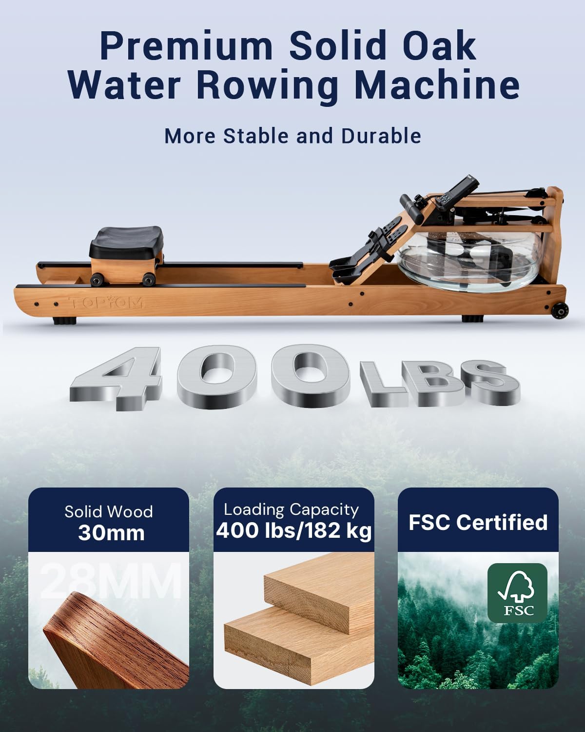 Water Rowing Machine with TM-3 Performance Monitor, 400 lbs Max Load, Oak Wood Rower Machine