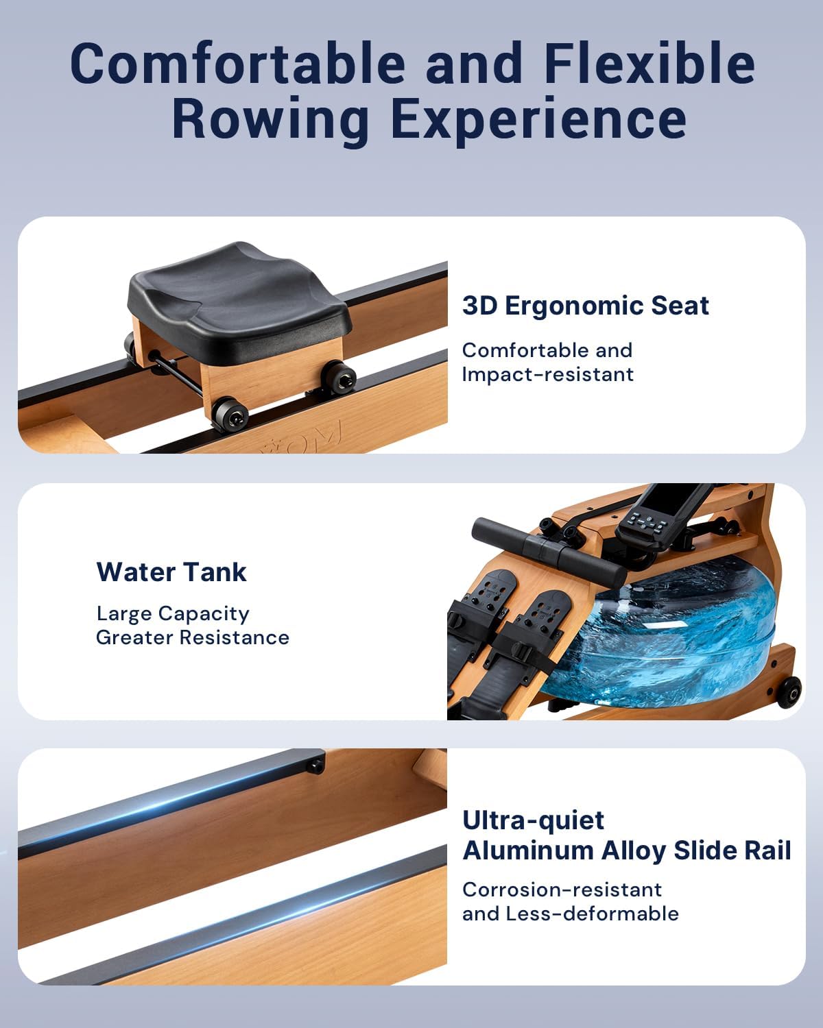 Water Rowing Machine with TM-3 Performance Monitor, 400 lbs Max Load, Oak Wood Rower Machine