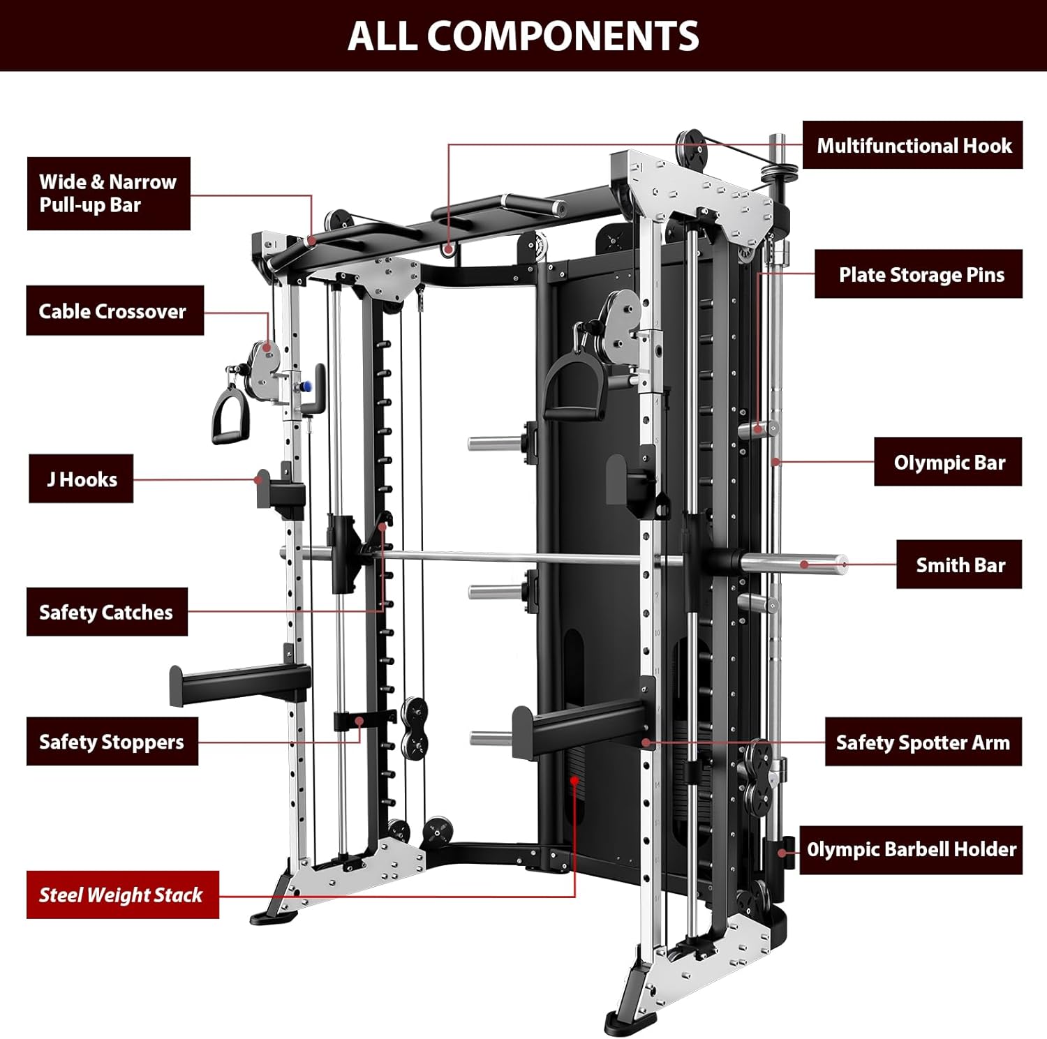 Home Gym Smith Machine, 2200LBS Power Cage Squat Rack with Olympic Bar, 396LBS Integrated Weight Plates Cable Crossover Machine, Optional Adjustable Weight Bench & Cable Attachment