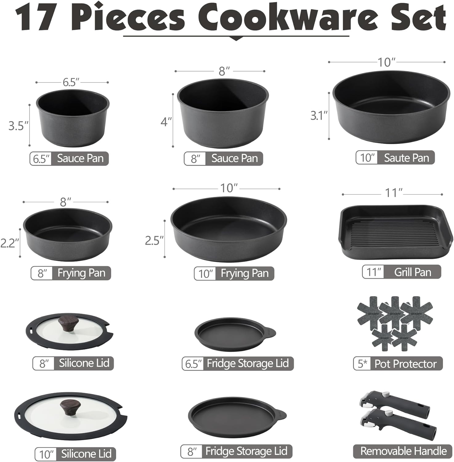 SENSARTE 17 Piece Pots and Pans Set, Nonstick Detachable Handle Cookware, Induction Kitchen Cookware Set with Removable Handle, Healthy Non Stick RV Cookware, Dishwasher ＆ Oven Safe, PFOA Free (Black)