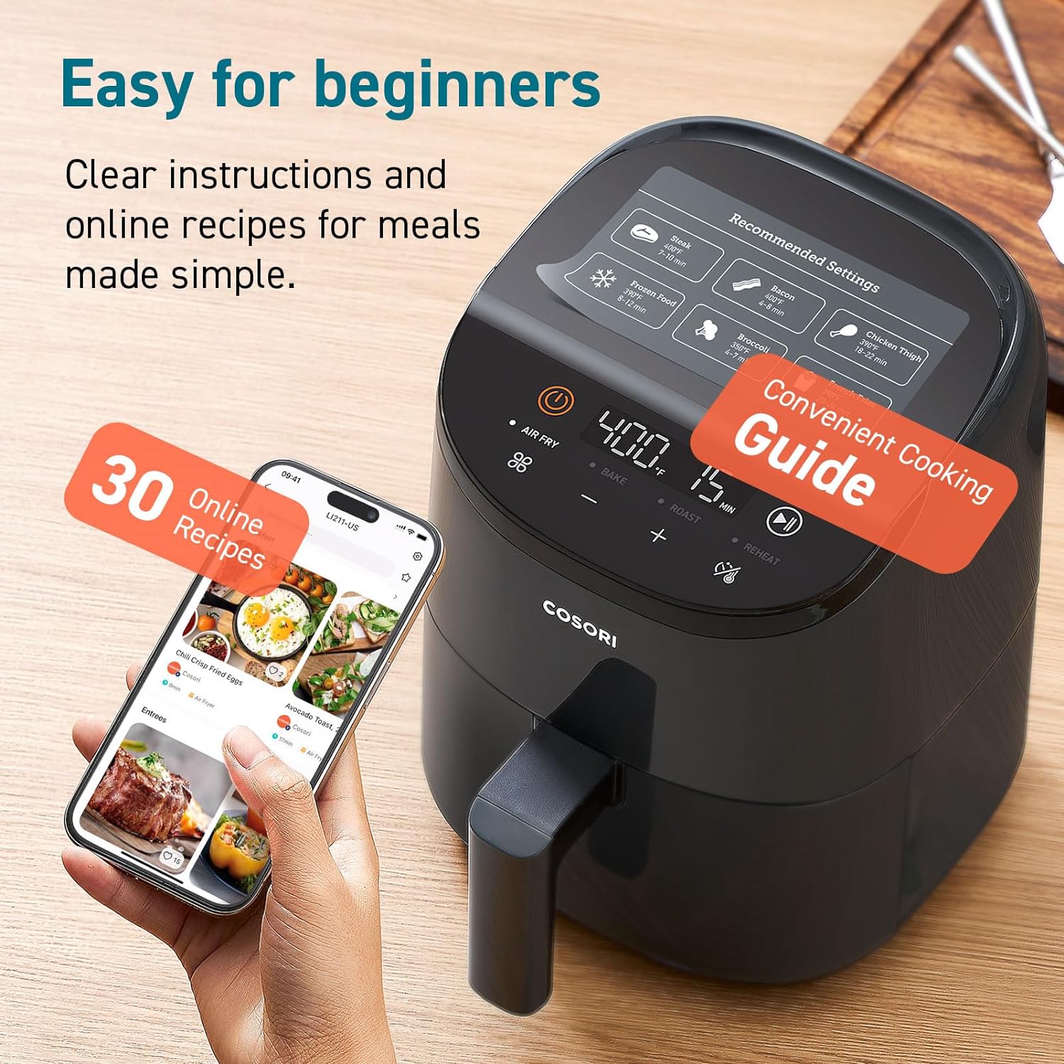 COSORI Air Fryer Compact 2.1Qt, Small Mini Airfryer that Easy to Use with 4-in-1 Reheat, Bake, Roast Function, 97% Less Oil, 30 In-App Recipes with Nutrition Facts, Nonstick & Dishwasher Safe Basket