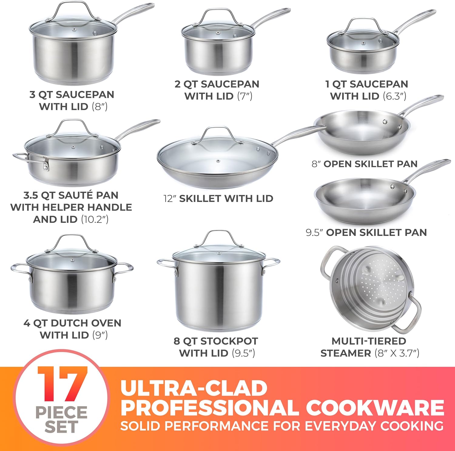 Mueller Pots and Pans Set 17-Piece, Ultra-Clad Pro Stainless Steel Cookware Set, Ergonomic EverCool Handle, Includes Saucepans, Skillets, Dutch Oven, Stockpot, Steamer More