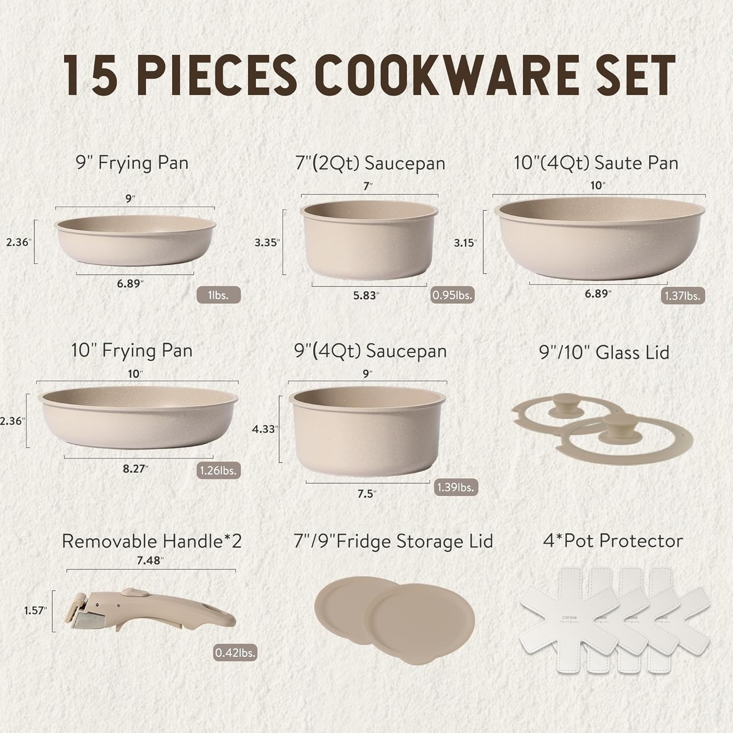 CAROTE 15pcs Pots and Pans Set, Nonstick Cookware Set Detachable Handle, Induction Kitchen Cookware Sets Non Stick with Removable Handle, RV Cookware Set, Oven Safe, Taupe