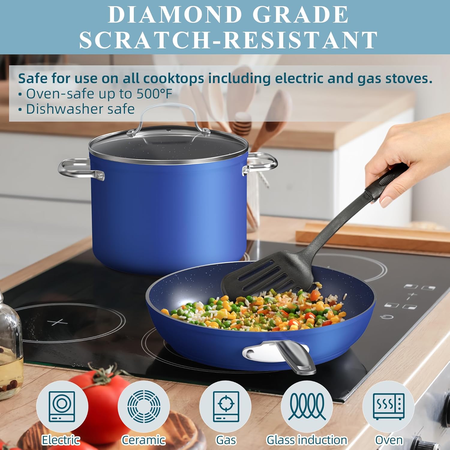 Nuwave Healthy Duralon Blue Ceramic Nonstick Cookware Set, Diamond Infused Scratch-Resistant, PFAS Free, Dishwasher & Oven Safe, Induction Ready & Evenly Heats, Tempered Glass Lids & Stay-Cool Handles