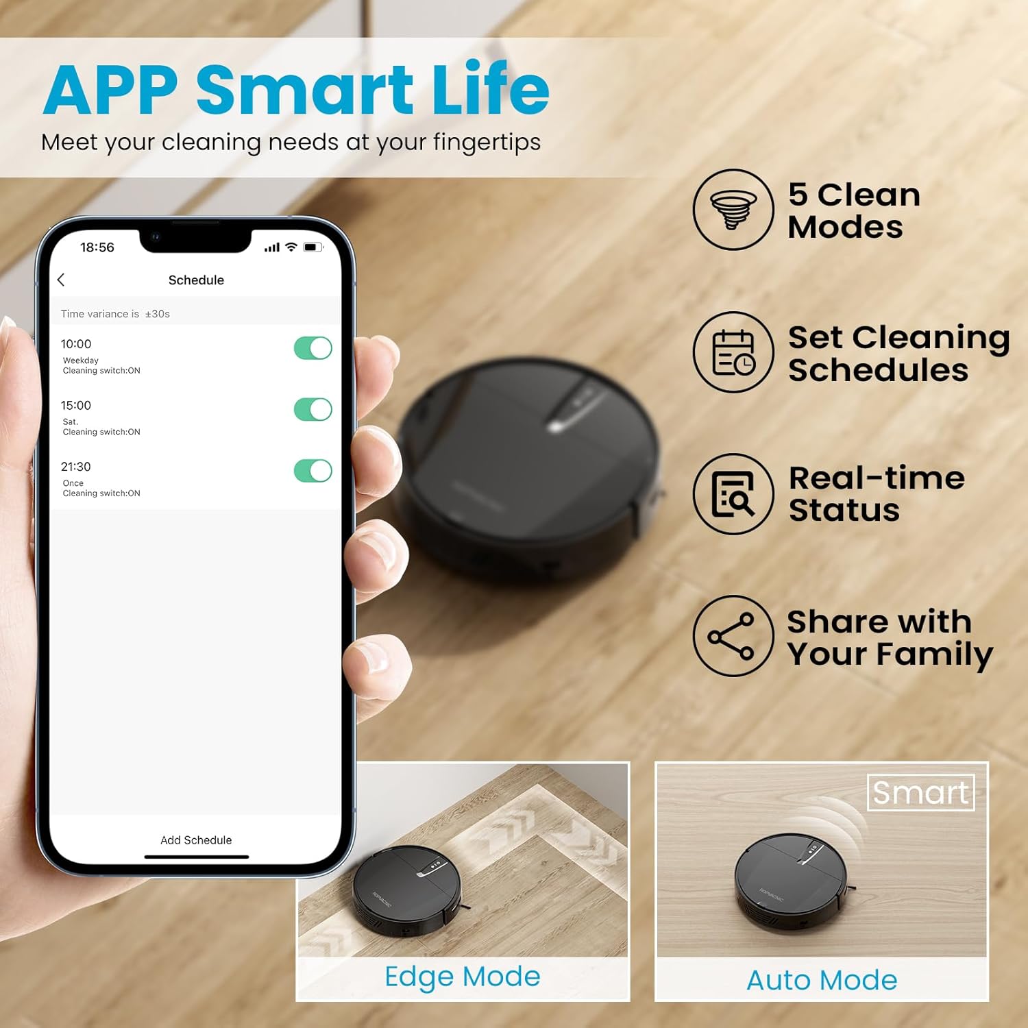 Robot Vacuum Cleaner with 3000Pa Cyclone Suction, APP/Voice/Remote Control, Automatic Self-Charging Robotic Vacuum, Scheduled Cleaning, Ideal for Pet Hair, Hard Floor, Low Carpet