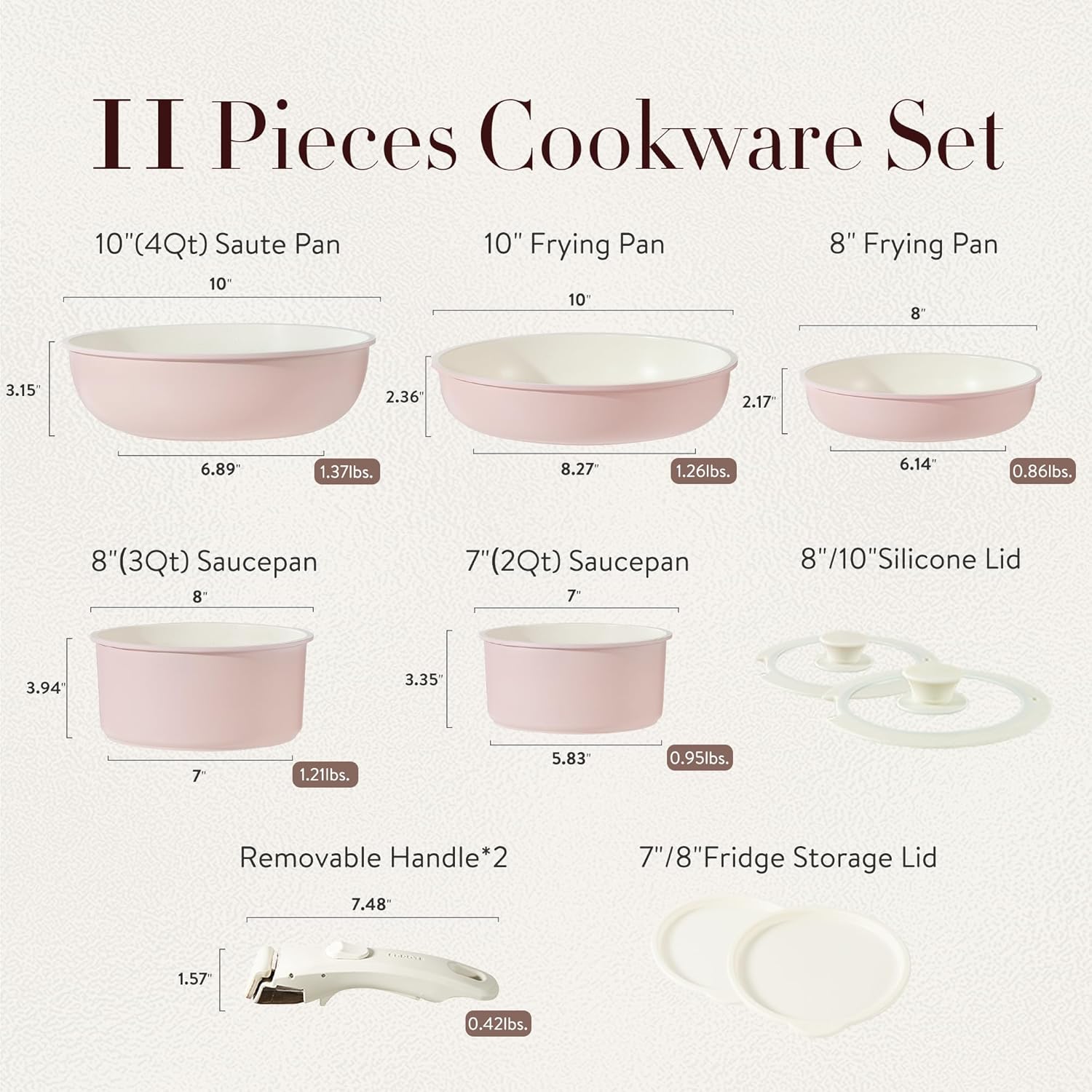 CAROTE 11pcs Pots and Pans Set, Nonstick Cookware Sets Detachable Handle, Induction Kitchen Cookware Set Non Stick with Removable Handle, Oven Safe, RV Cookware Set, Pink Granite