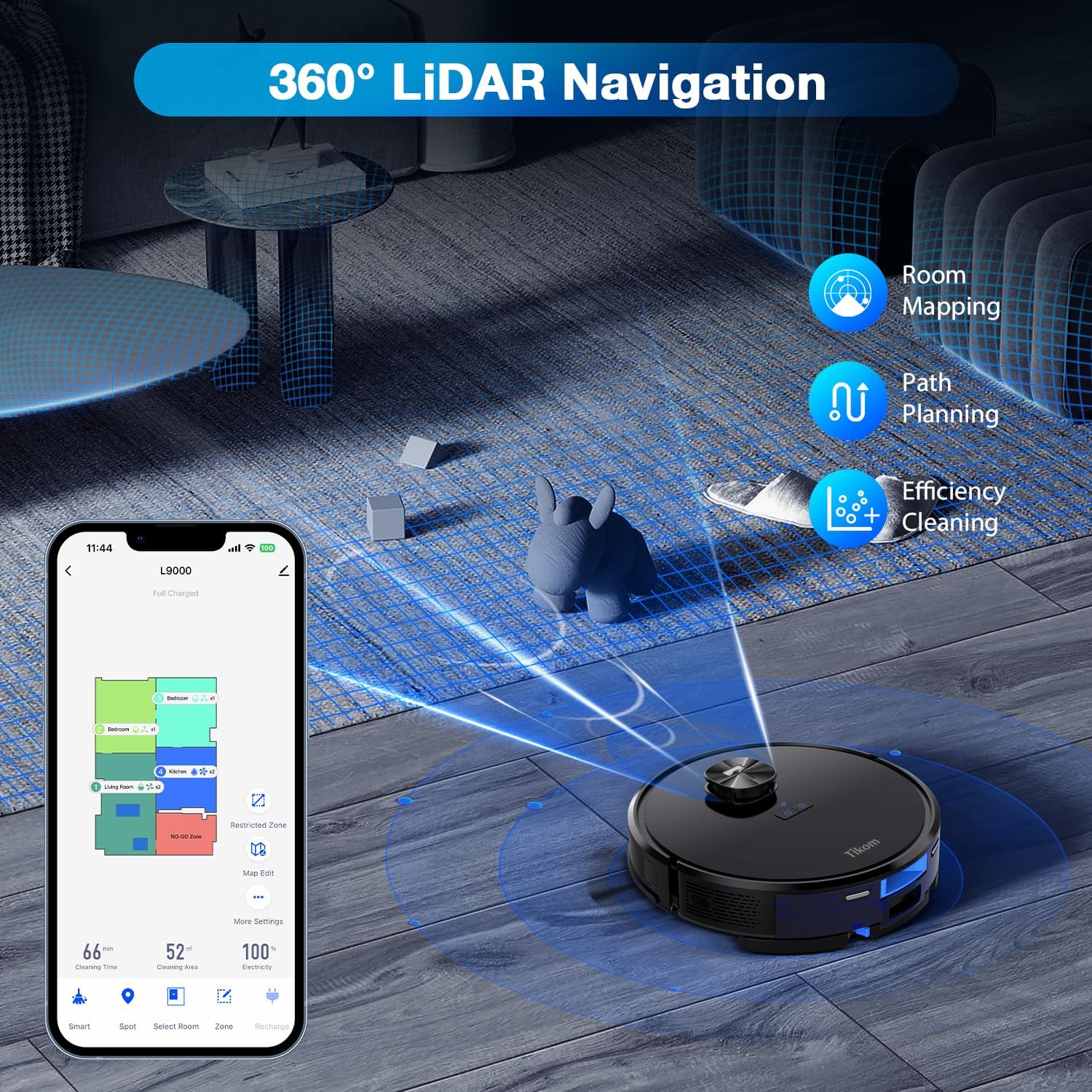 Tikom L9000 Robot Vacuum and Mop Combo, LiDAR Navigation, 4000Pa Robotic Vacuum Cleaner, Up to 150Mins, Smart Mapping, 14 No-go Zones, Good for Pet Hair, Carpet, Hard Floor