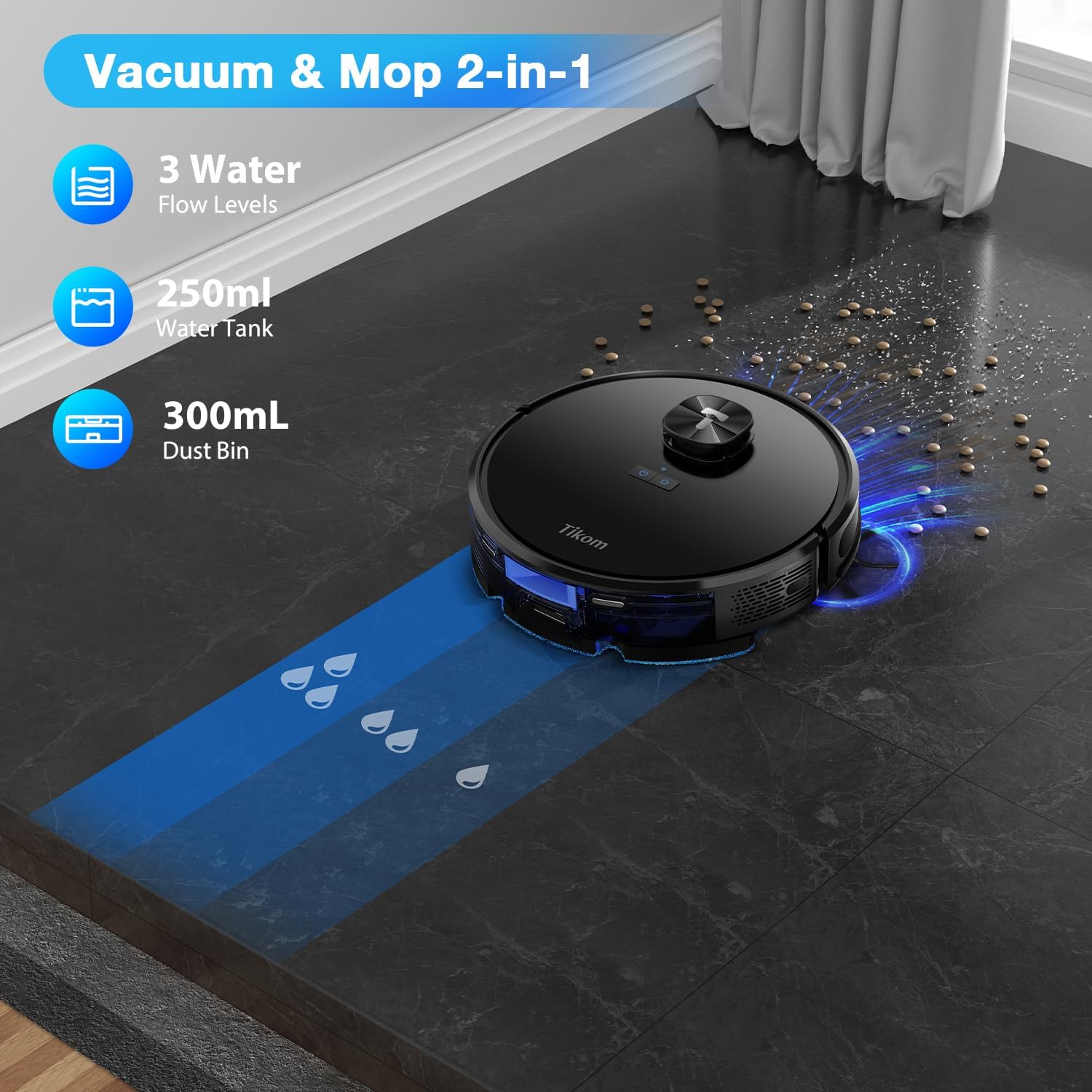 Tikom L9000 Robot Vacuum and Mop Combo, LiDAR Navigation, 4000Pa Robotic Vacuum Cleaner, Up to 150Mins, Smart Mapping, 14 No-go Zones, Good for Pet Hair, Carpet, Hard Floor